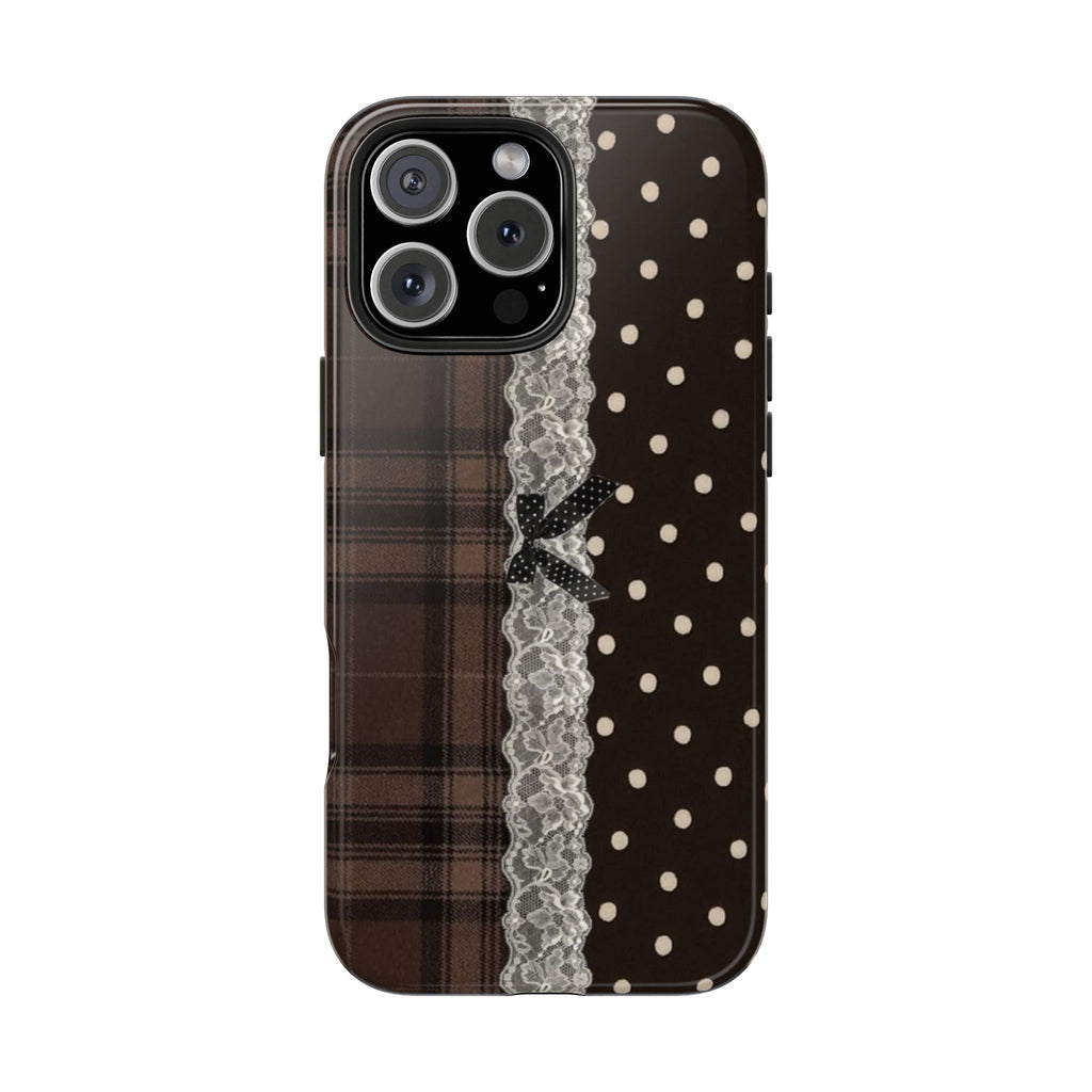 Brown plaid lace phone case with white polka dots and lace trim