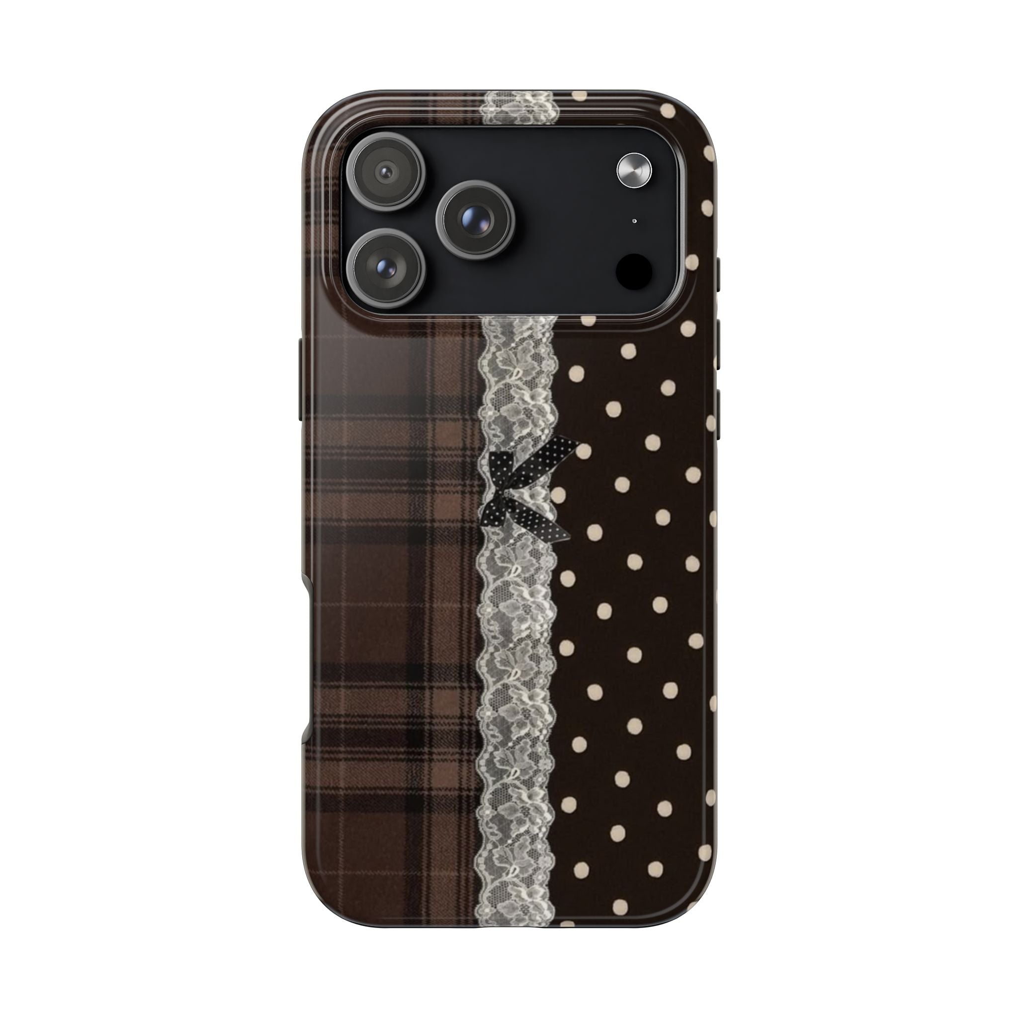 Brown plaid lace phone case with white polka dots, lace ribbon stripe