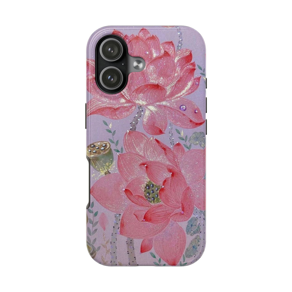 Purple phone case with pink glitter floral pattern, raised camera cutouts