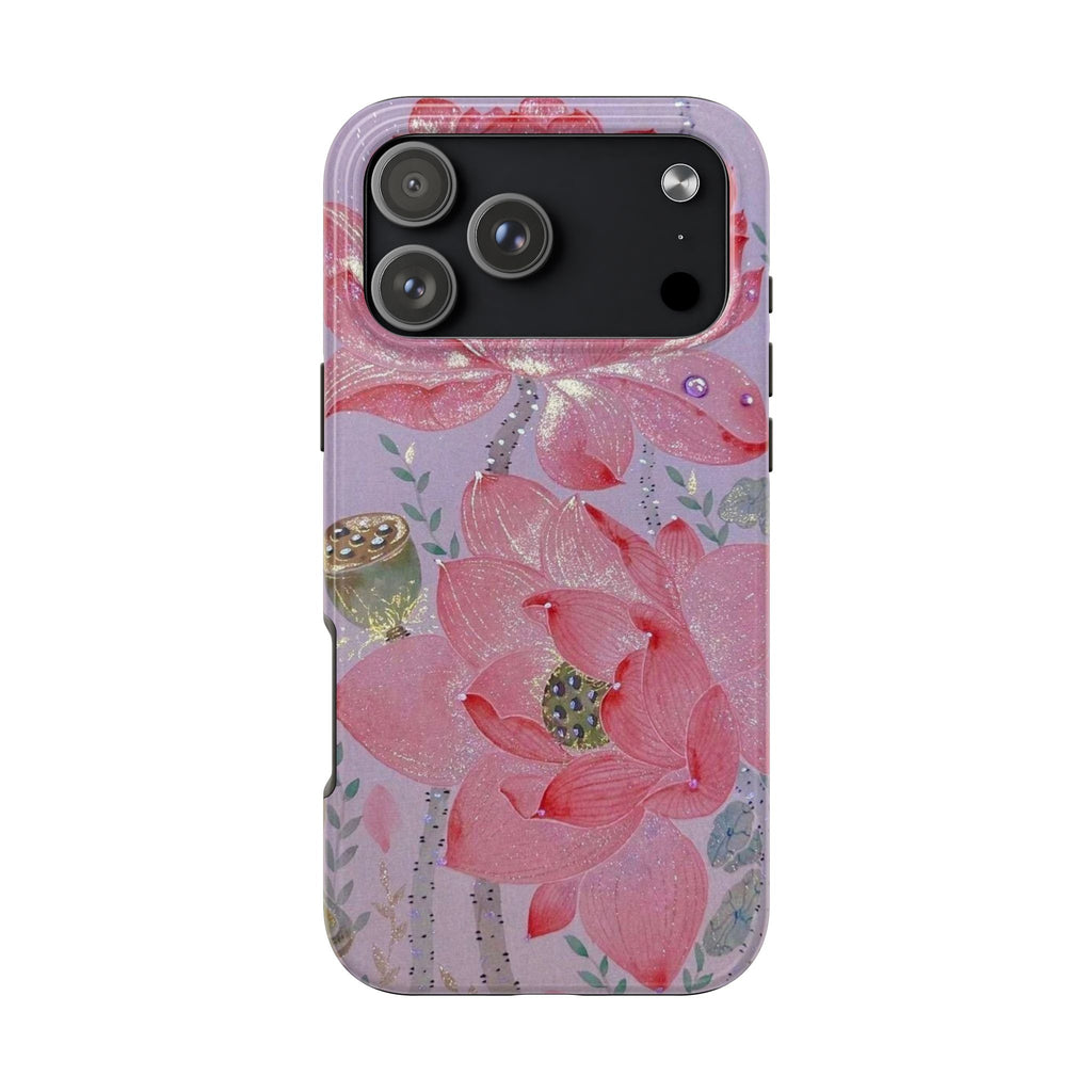 Purple phone case with pink glitter flowers and leaf accents, camera lens openings