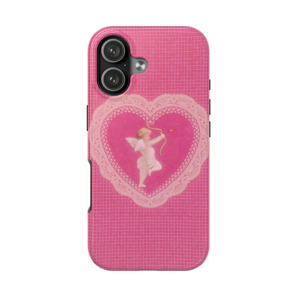 Pink angel heart phone case with pink grid texture and cupid silhouette