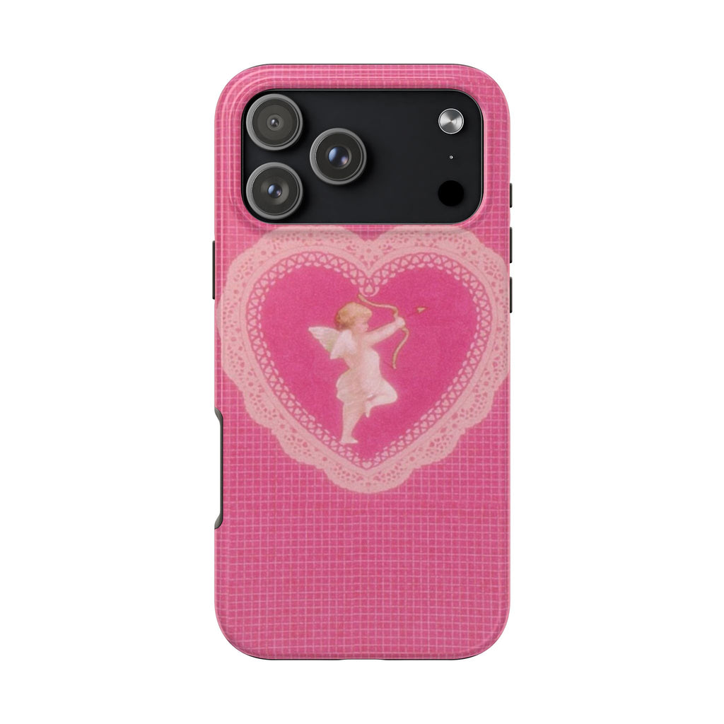 Pink angel heart phone case with textured pattern, cupid heart design, camera cutouts