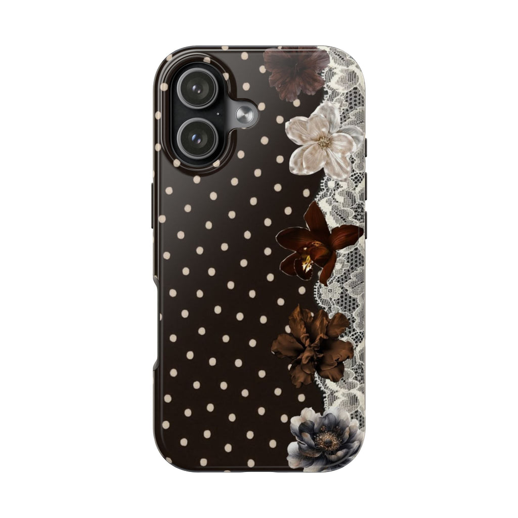 Black phone case with white polka dots, lace edge, and floral accents on back