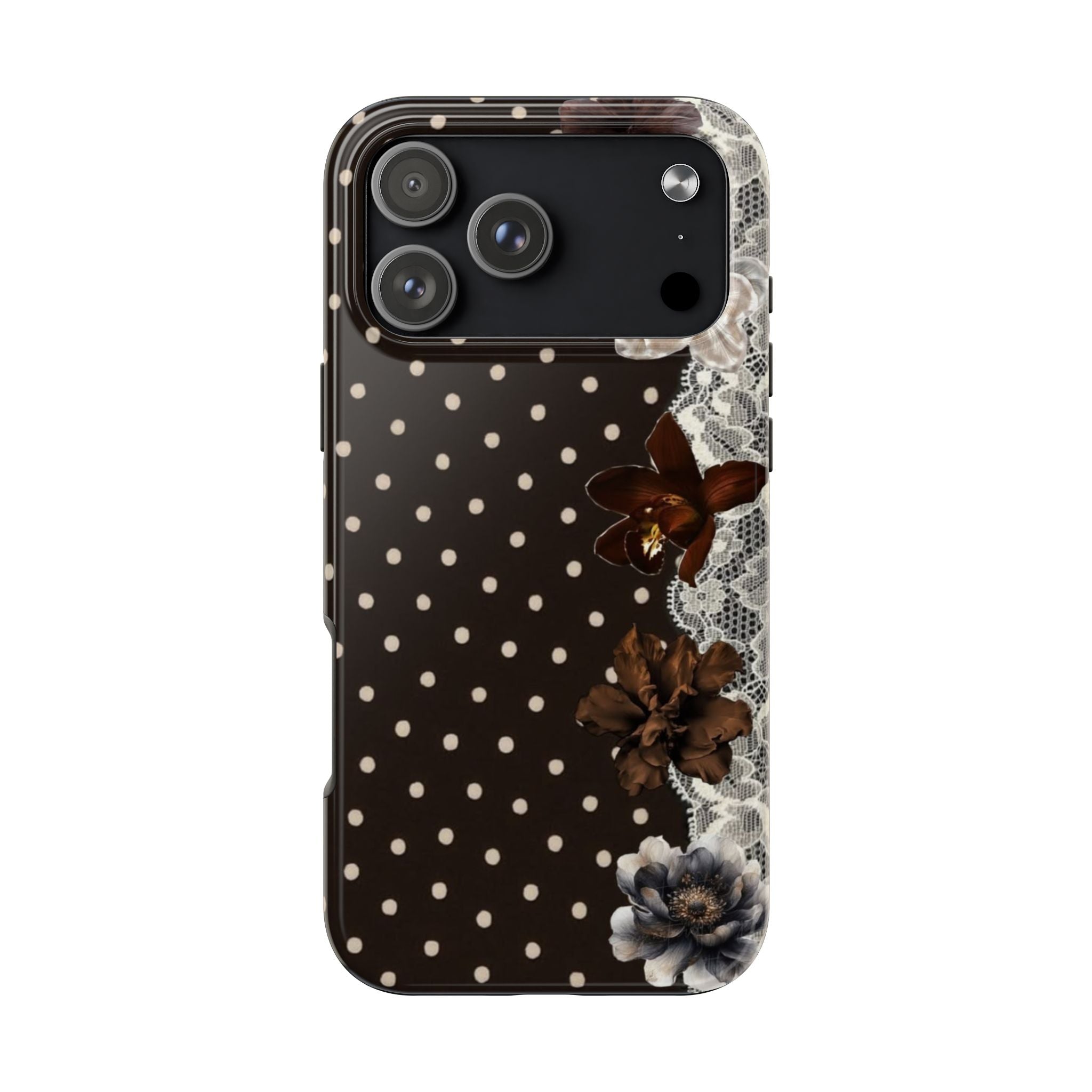 Black phone case with white polka dots, lace trim, floral details, and camera cutouts