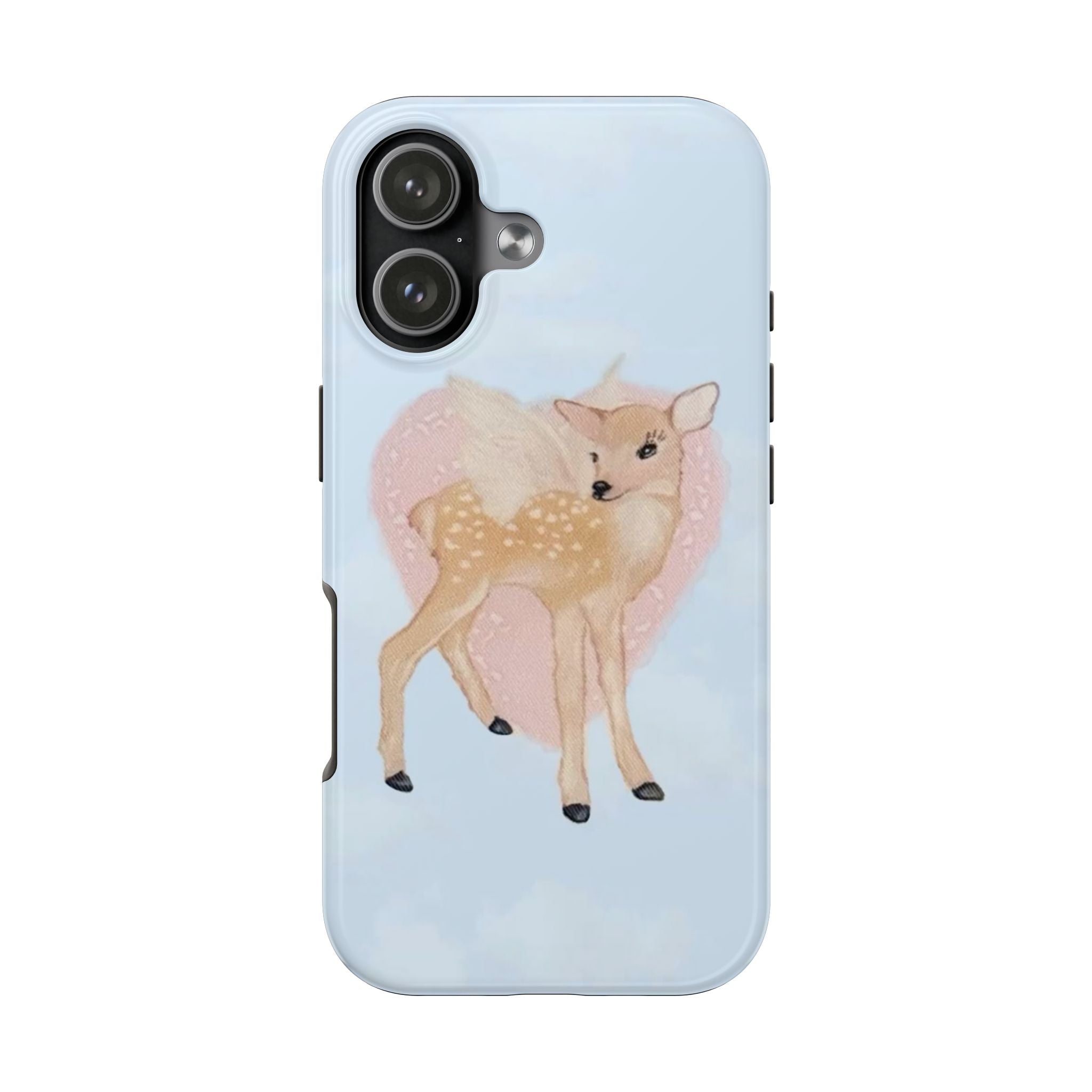 Light blue phone case with deer in pink heart, camera cutouts for iPhone