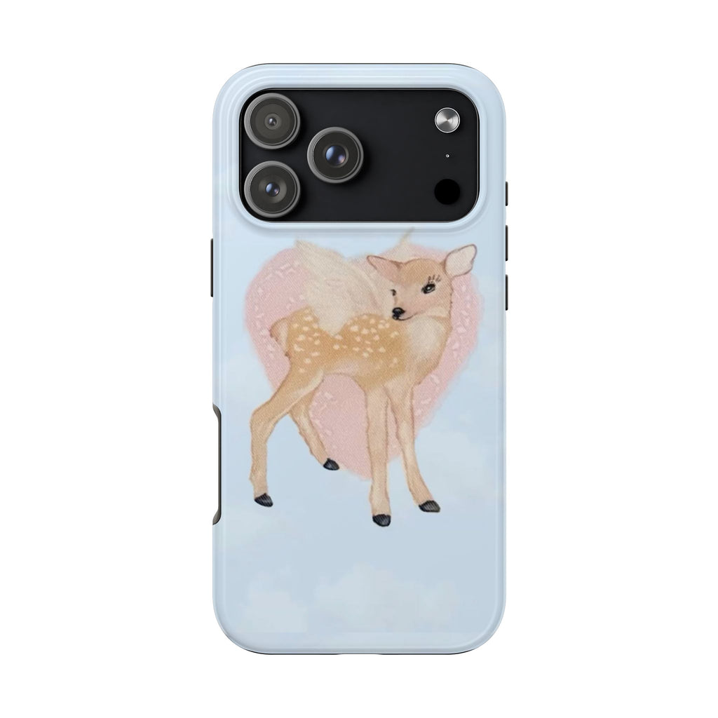 Light blue phone case with deer in pink heart, dark top with camera cutouts