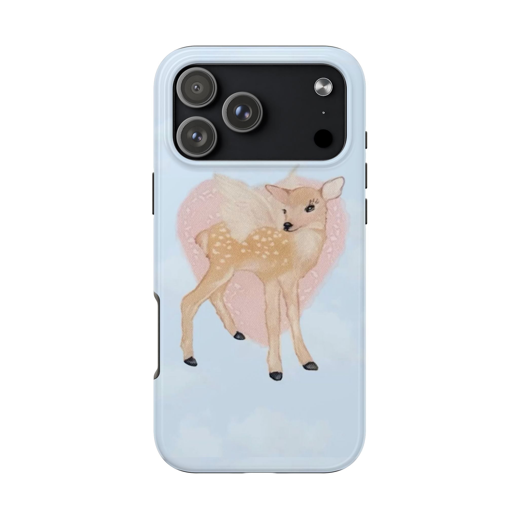 Light blue phone case with deer in pink heart, dark top with camera cutouts