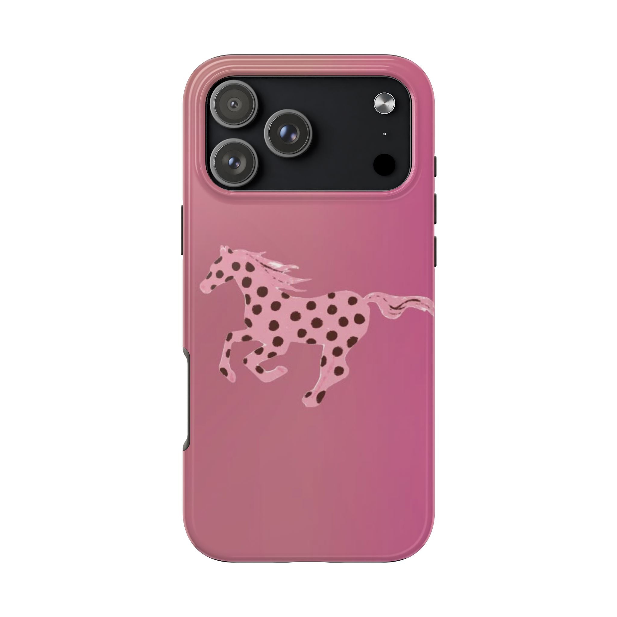 Pink phone case with black camera panel, polka-dot horse graphic and cutouts