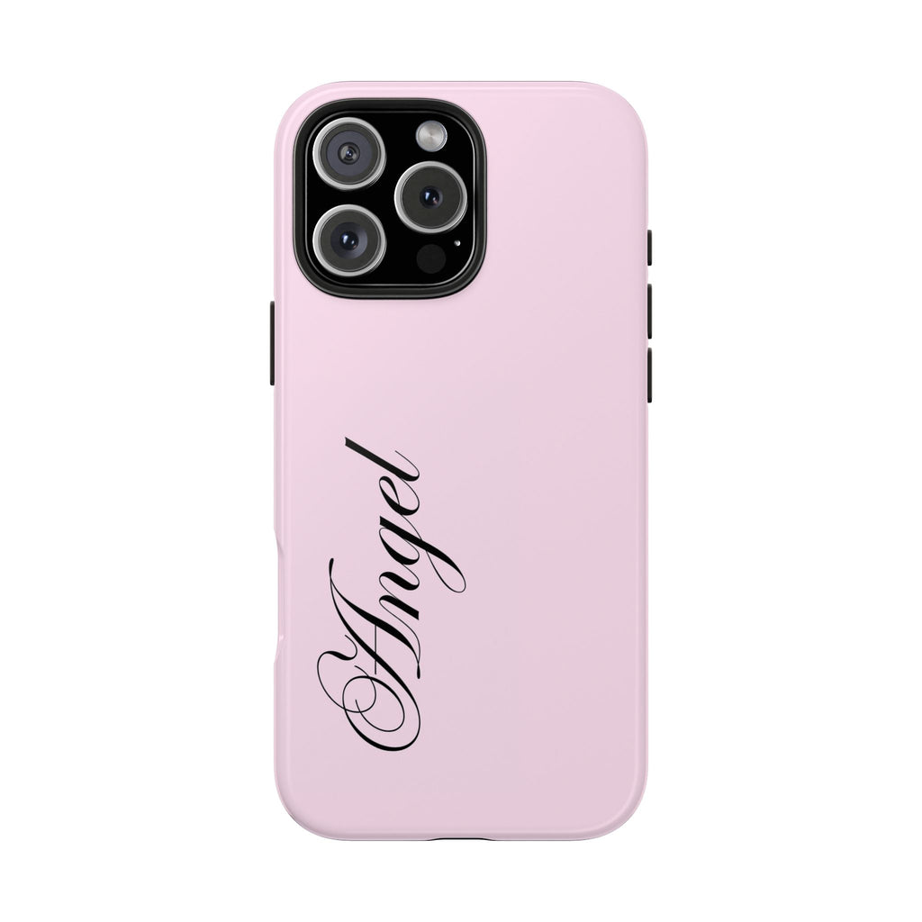 Angel phone case in baby pink with camera cutouts and cursive angel print