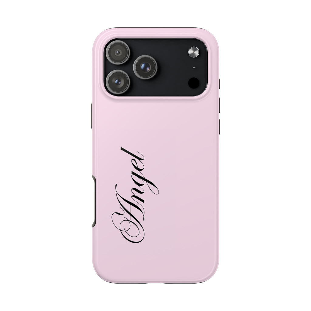 Angel phone case in baby pink with raised camera area and cursive angel print