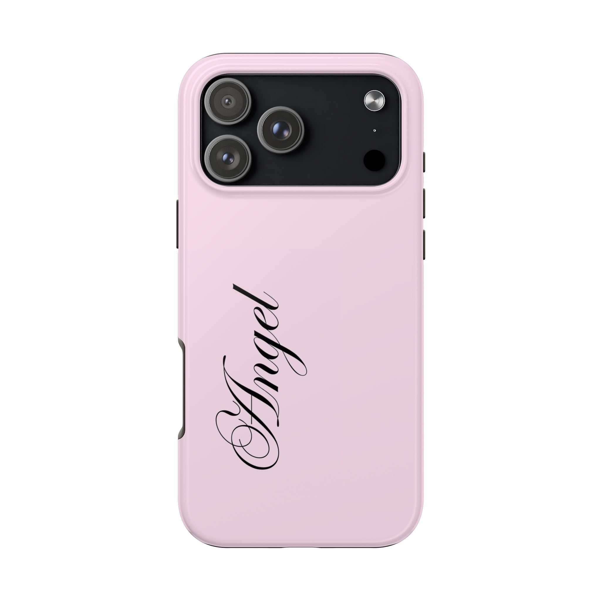 Angel phone case in baby pink with raised camera area and cursive angel print