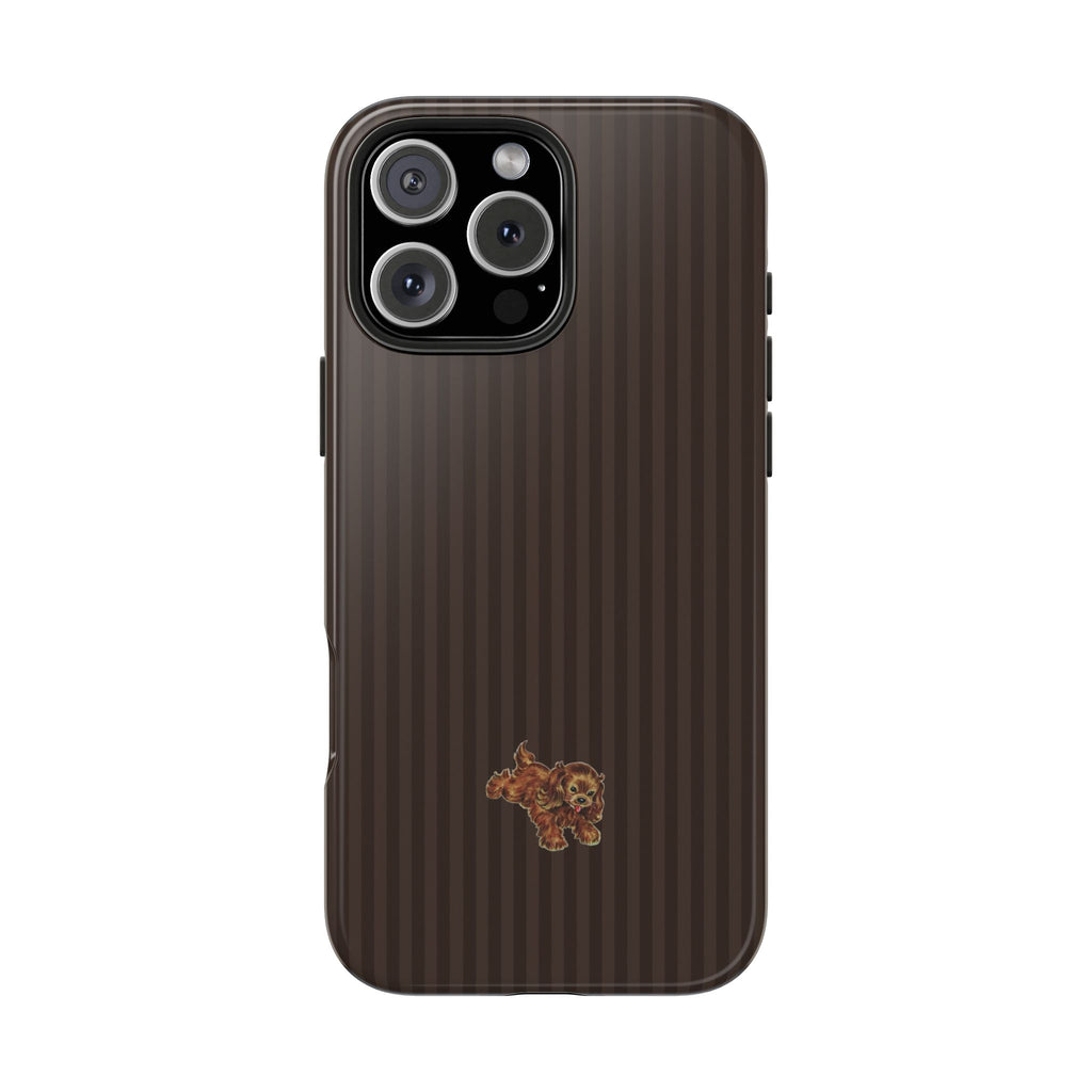 Brown striped phone case with small puppy emblem and camera cutout