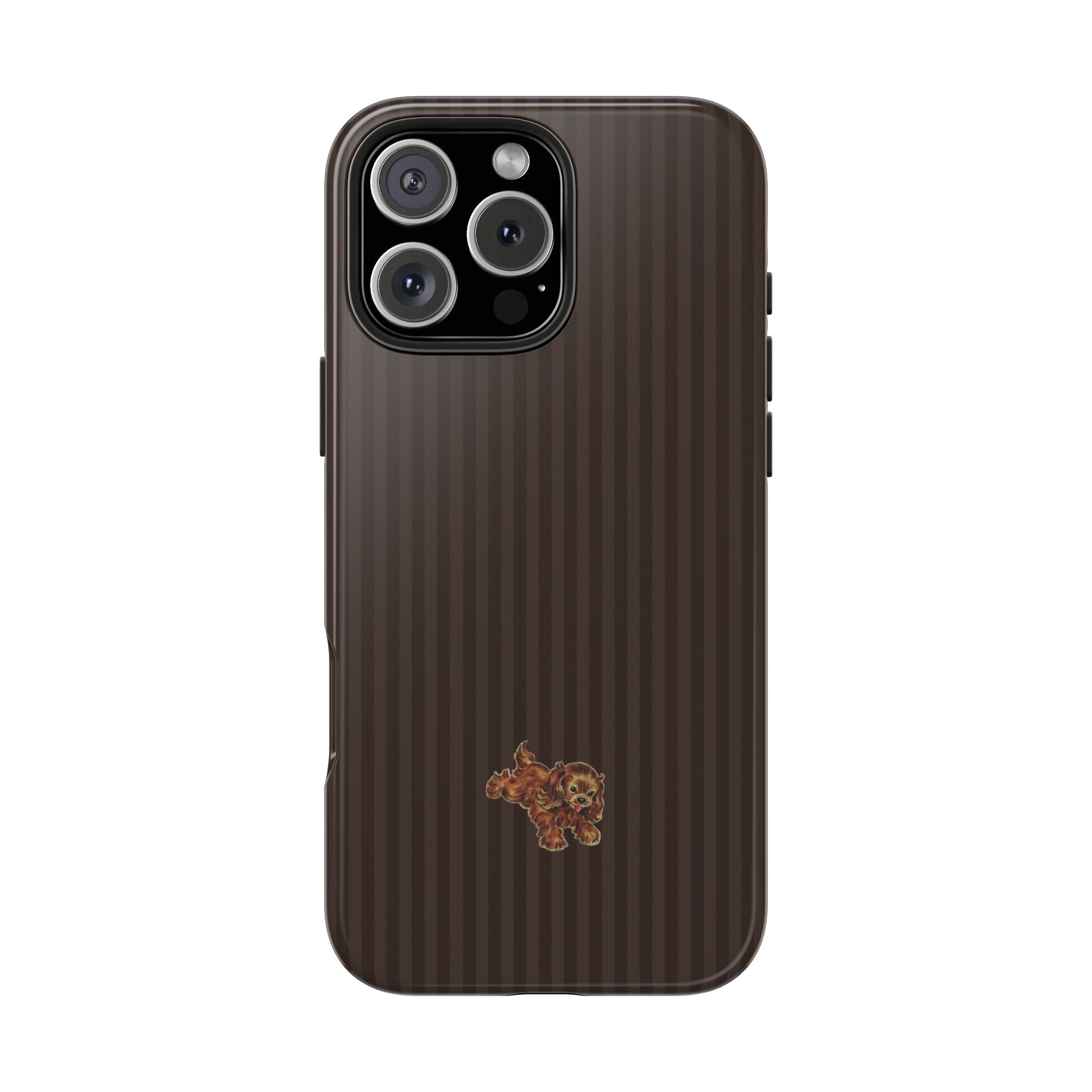 Brown striped phone case with small puppy emblem and camera cutout