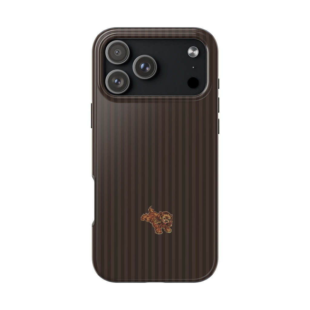 Dark brown striped phone case with puppy emblem and raised camera area
