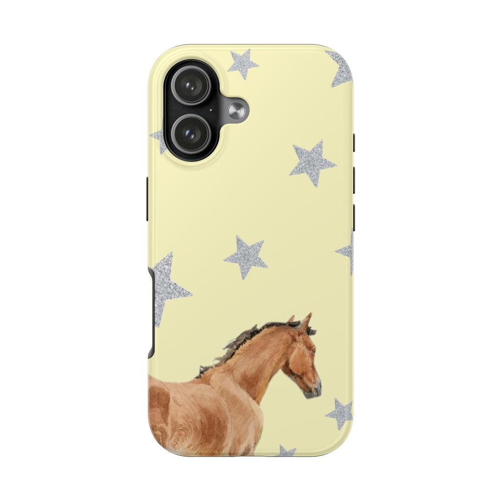 Yellow phone case with silver stars and brown horse graphic
