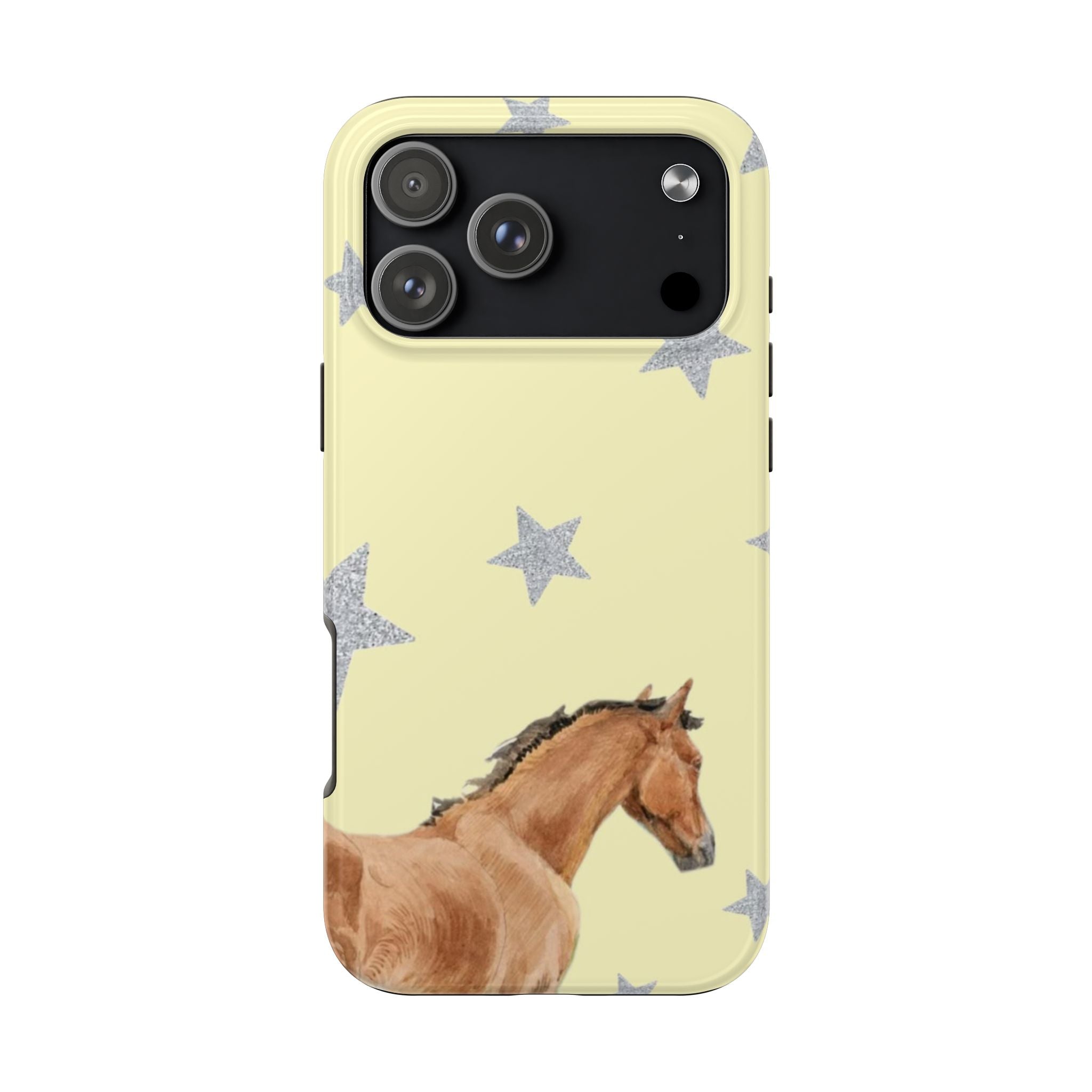 Yellow phone case with star pattern and brown horse graphic, camera cutouts visible