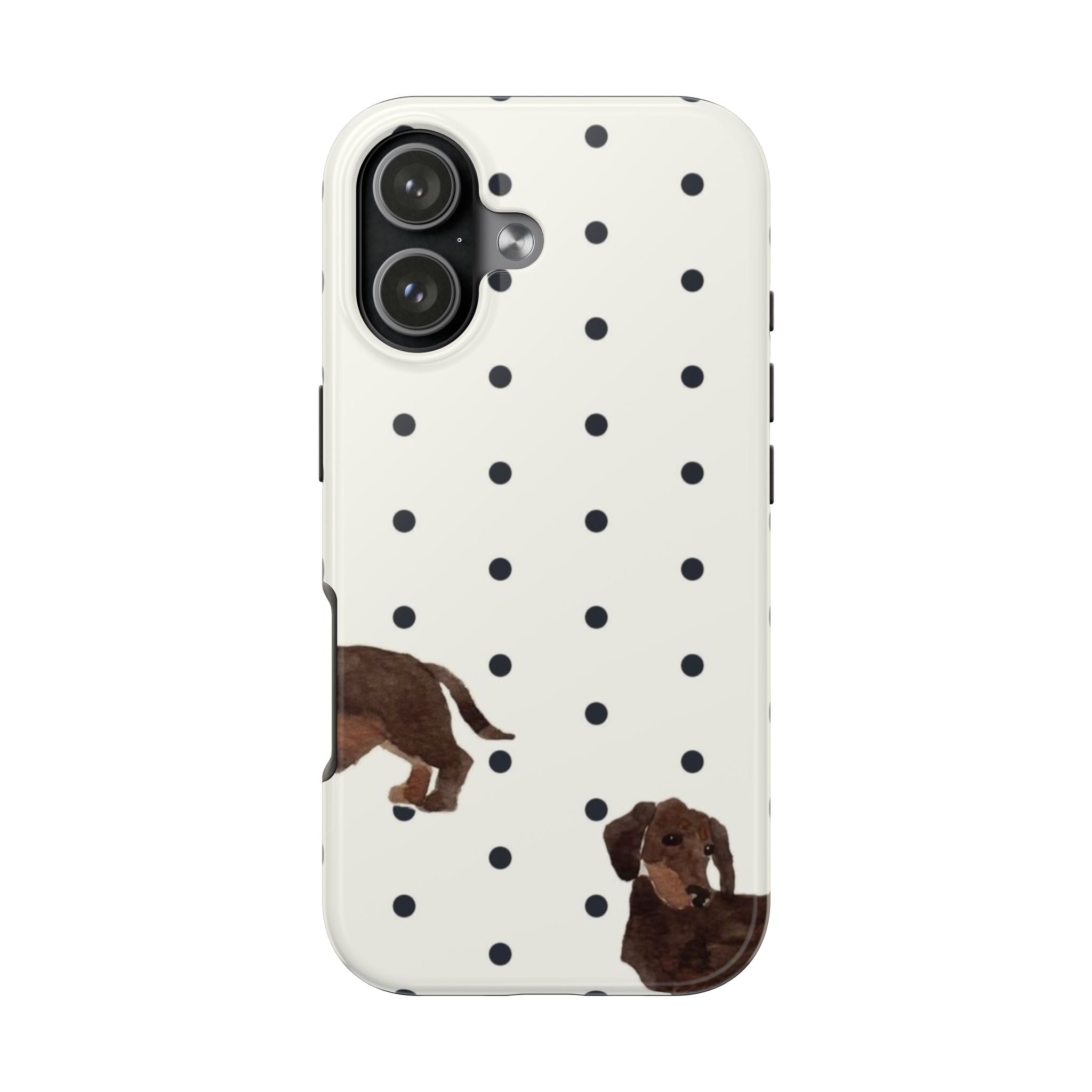 White phone case with black polka dots and dachshund dog graphic, camera cutouts