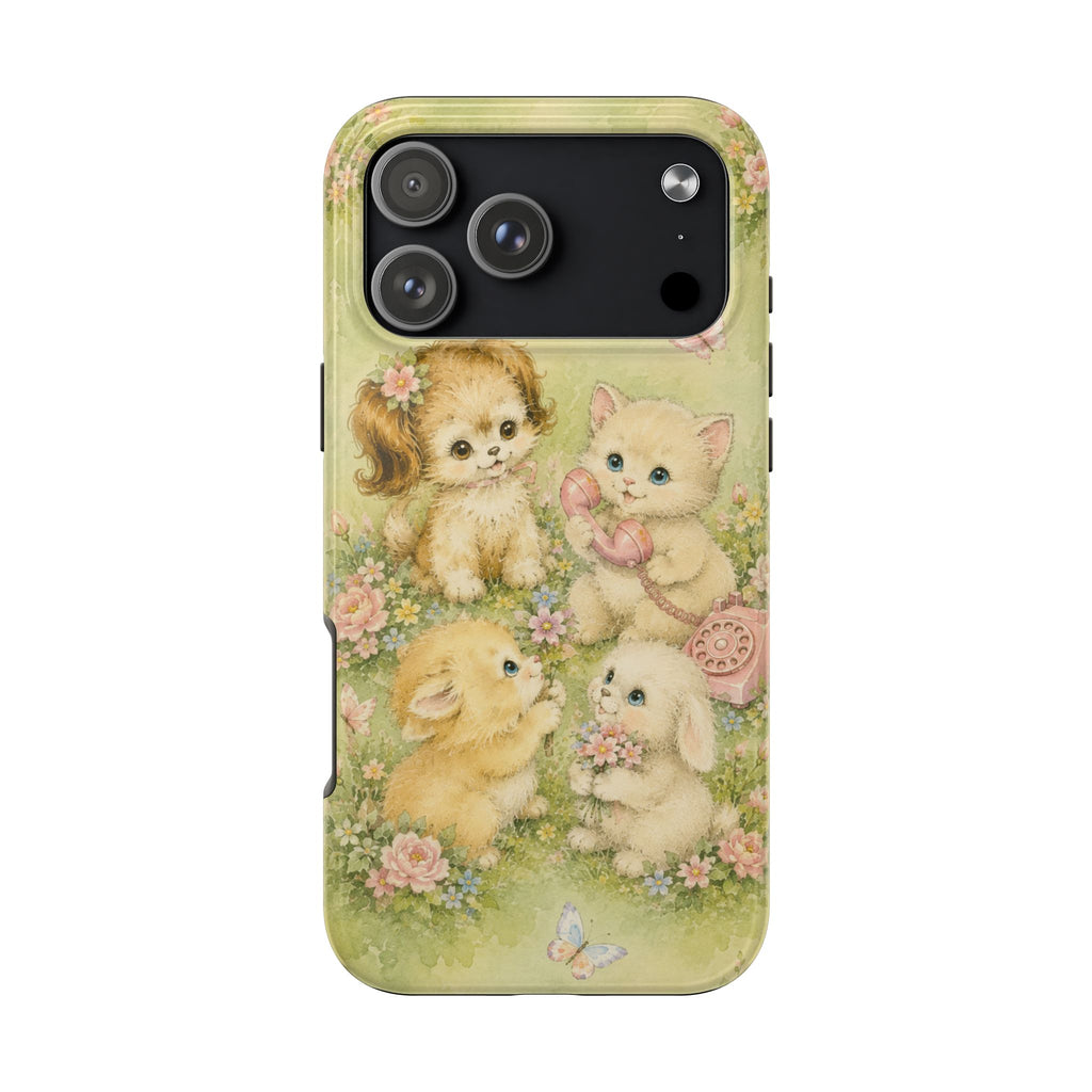 Cute animal phone case with puppy and kitten illustration, pink flowers and butterflies