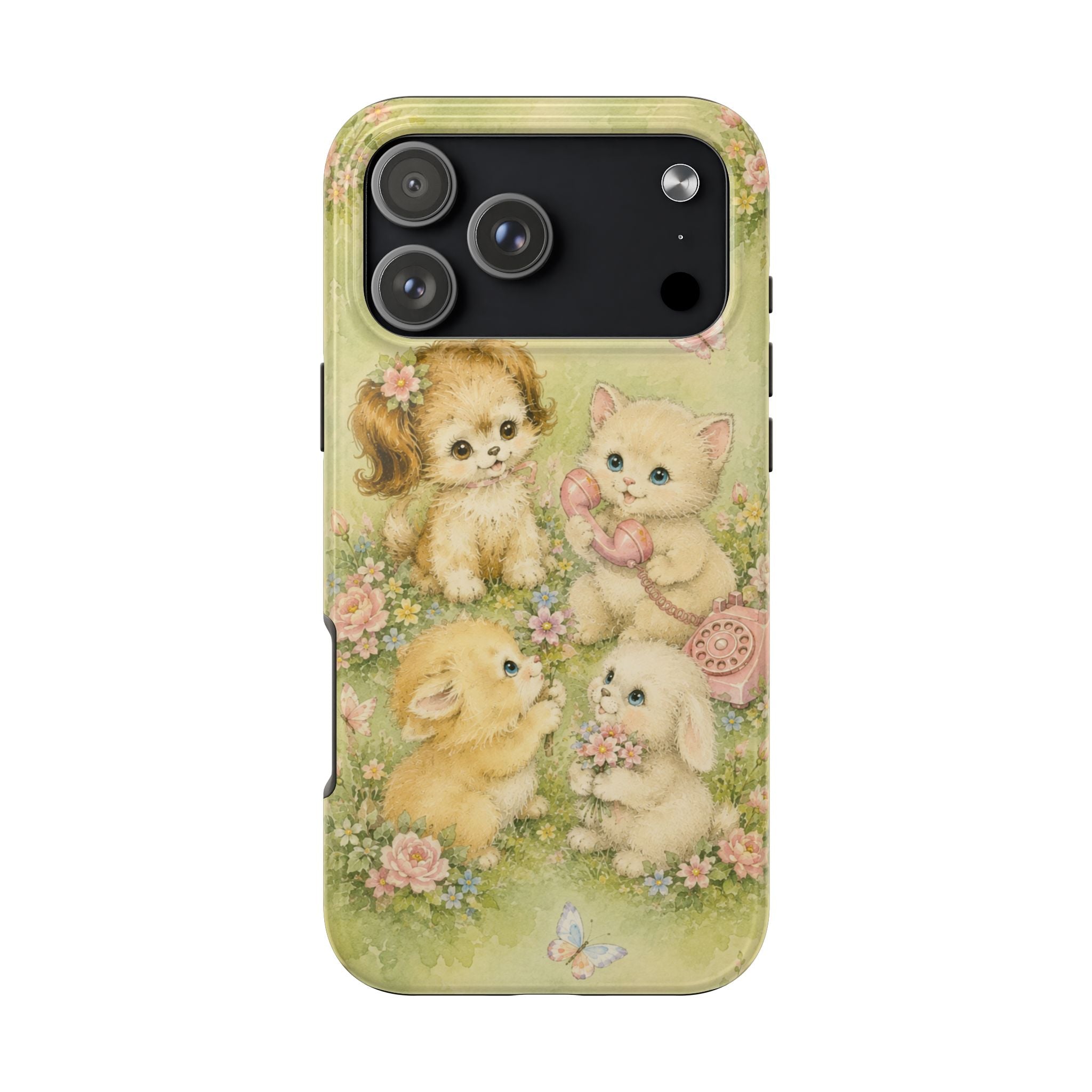 Cute animal phone case with puppy and kitten illustration, pink flowers and butterflies
