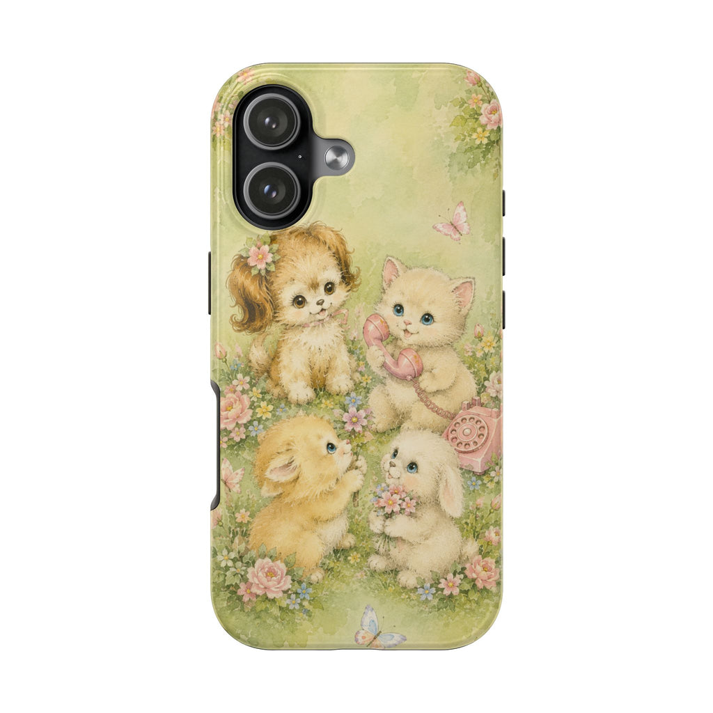 Cute animal phone case with multiple kittens and a puppy, pastel floral and butterfly print