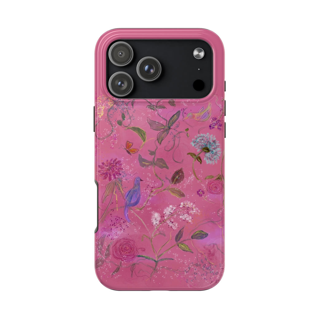 PINK WHIMSY GARDEN BIRD PHONE CASE