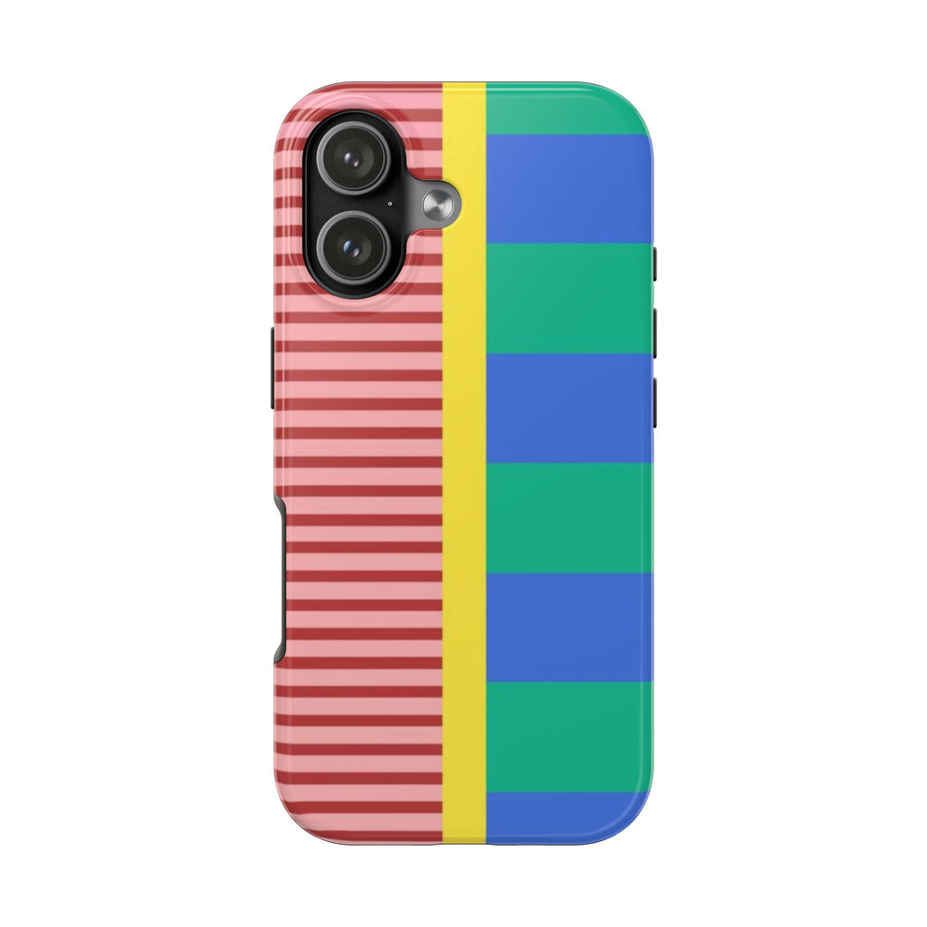 Madison multi-stripes phone case with red-and-white stripes and blue-green side blocks
