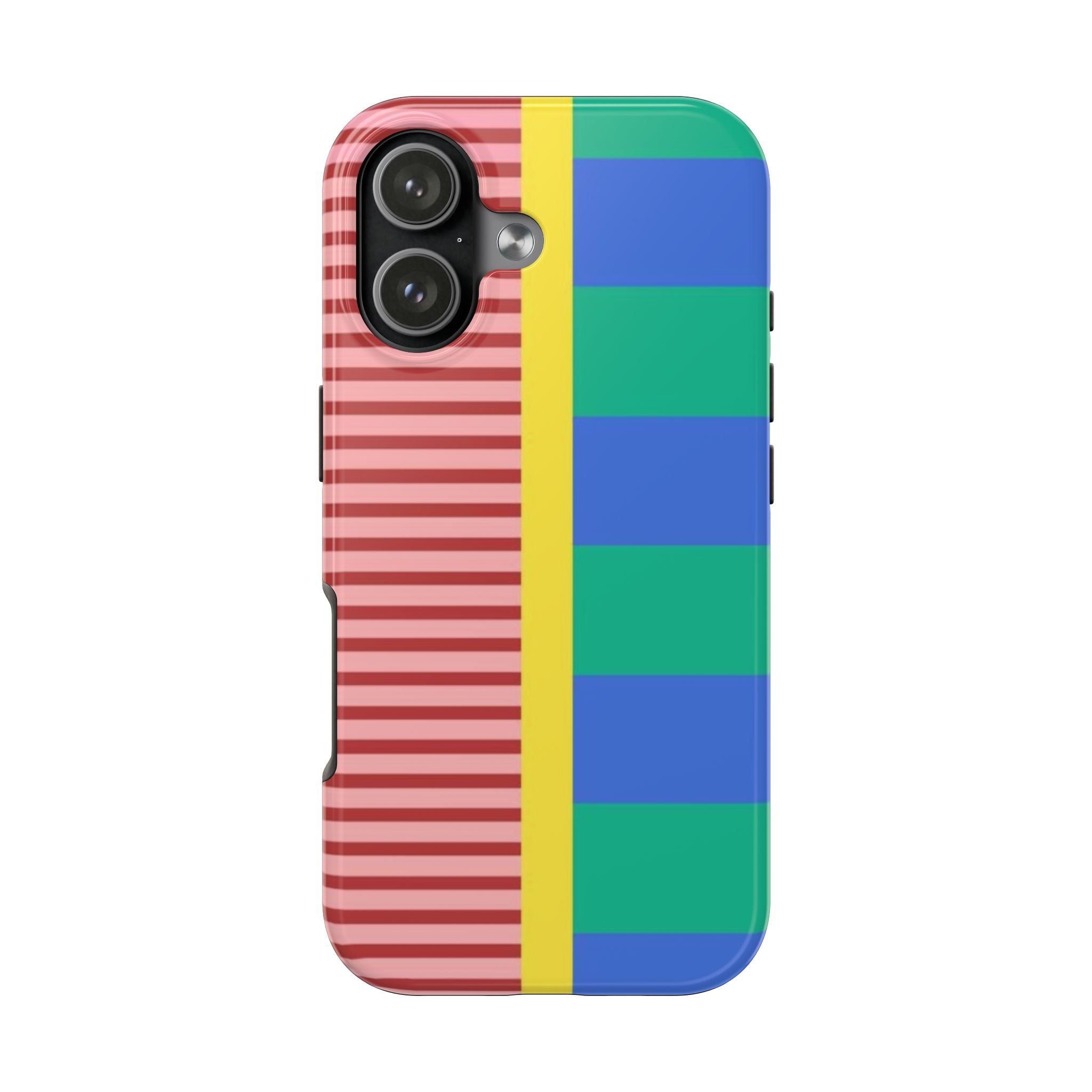 Madison multi-stripes phone case with red-and-white stripes and blue-green side blocks