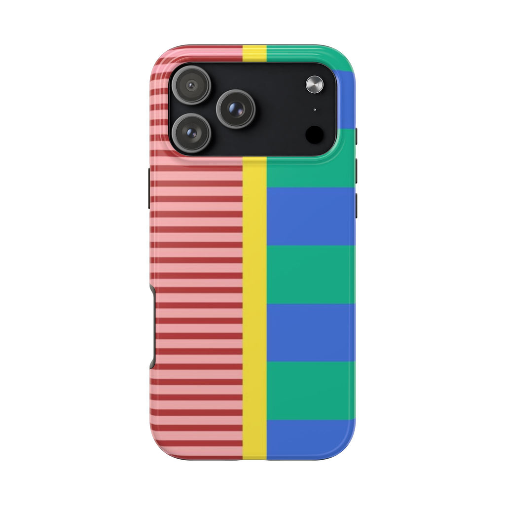 Multi-stripes phone case with black camera back, red striped left, blue-green side blocks
