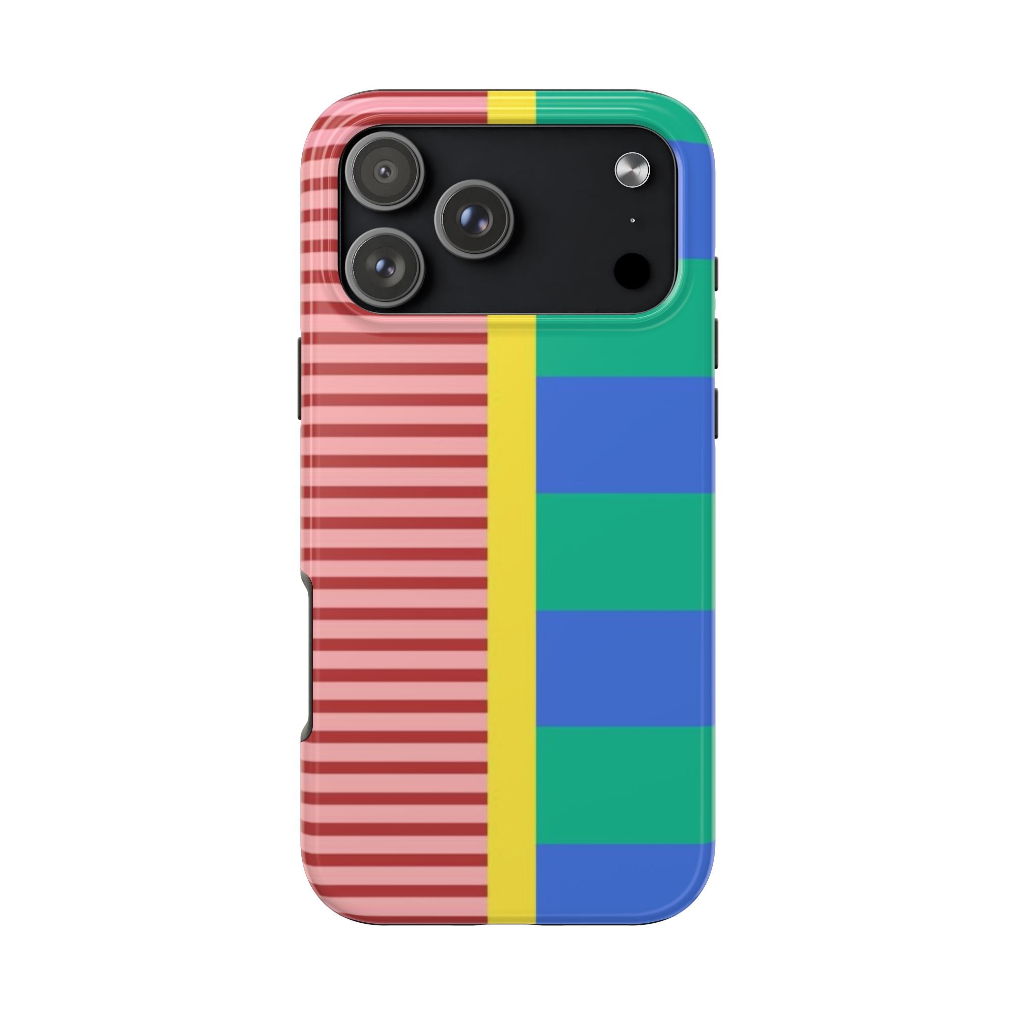 Multi-stripes phone case with black camera back, red striped left, blue-green side blocks