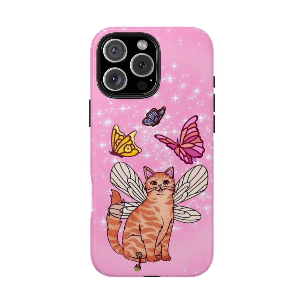 PINK BUTTERFLY WHIMSY ORANGE CAT PHONE CASE