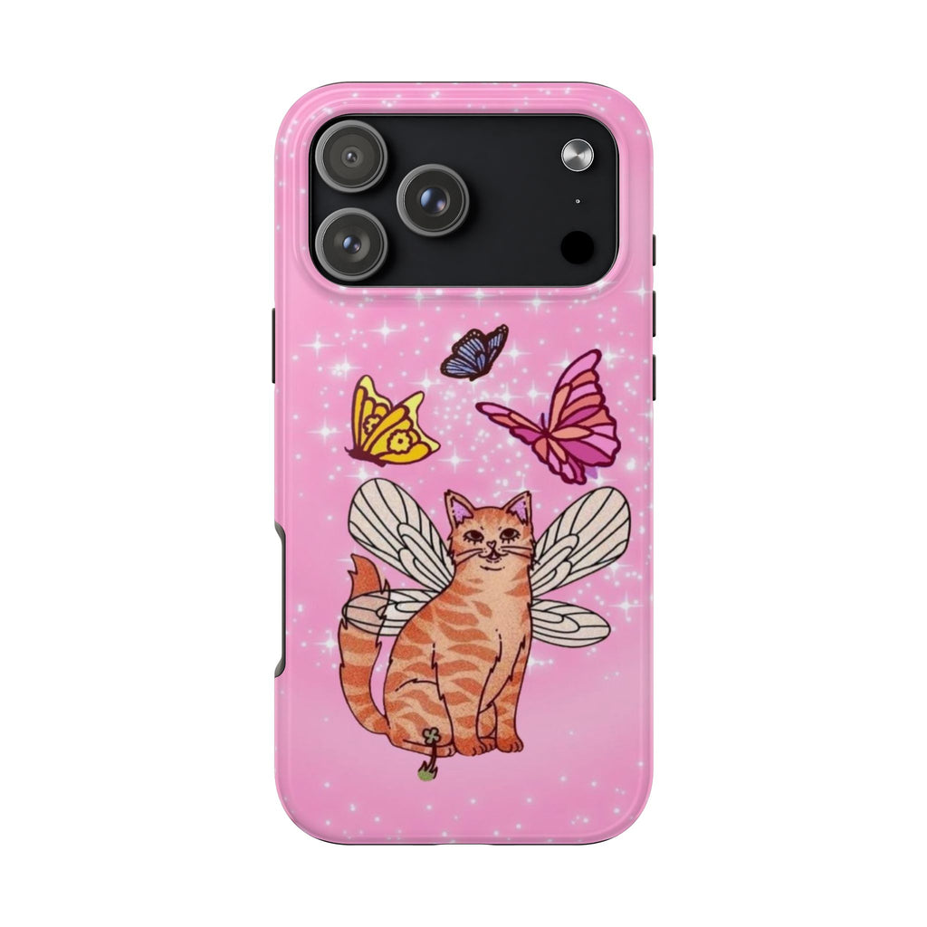 PINK BUTTERFLY WHIMSY ORANGE CAT PHONE CASE