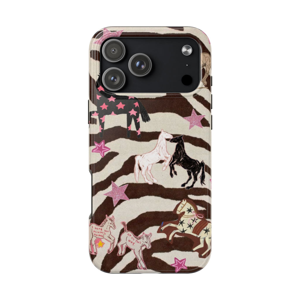 BROWN WESTERN WHIMSY PINK HORSES PHONE CASE