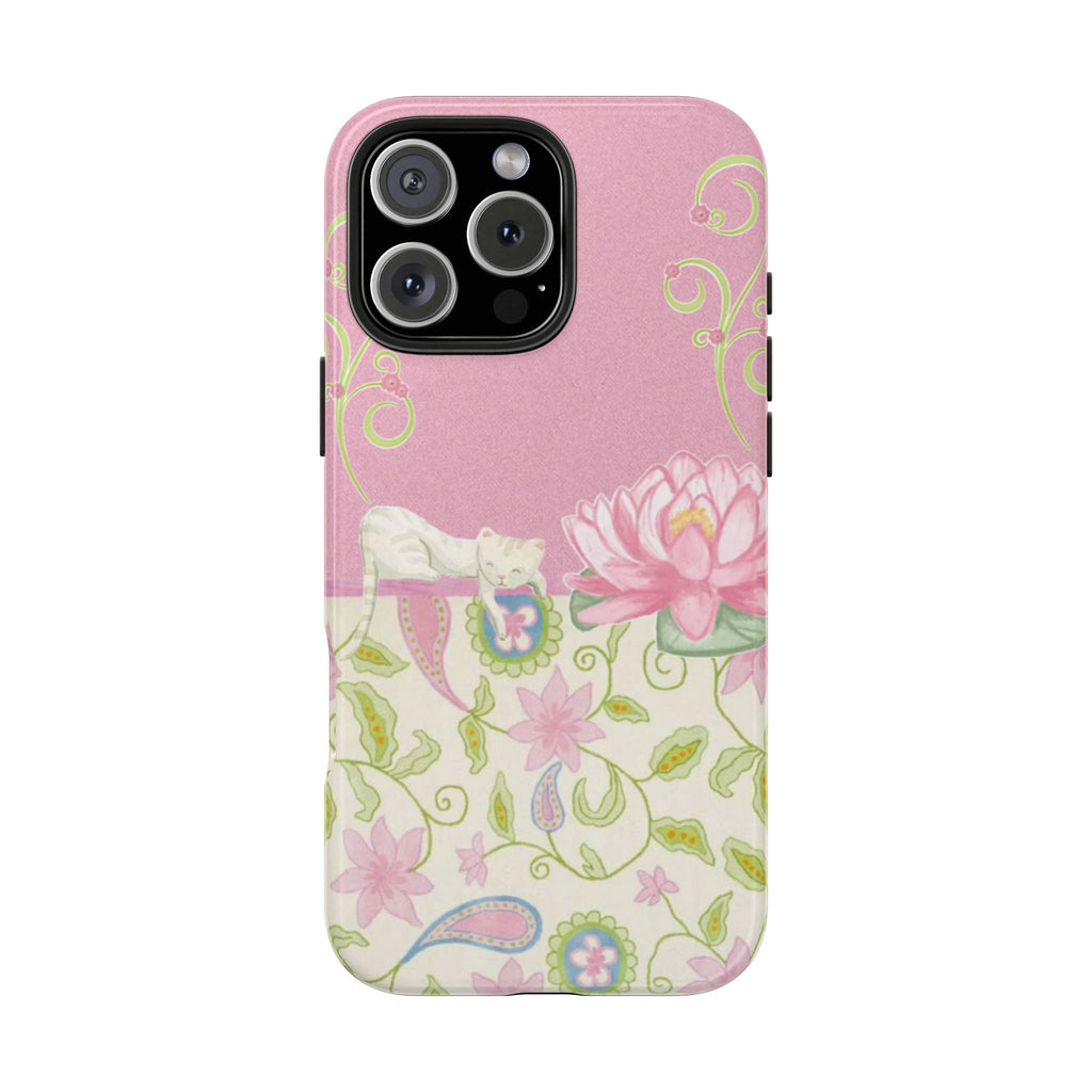 PINK & GREEN WHIMSY FLORAL CAT PHONE CASE