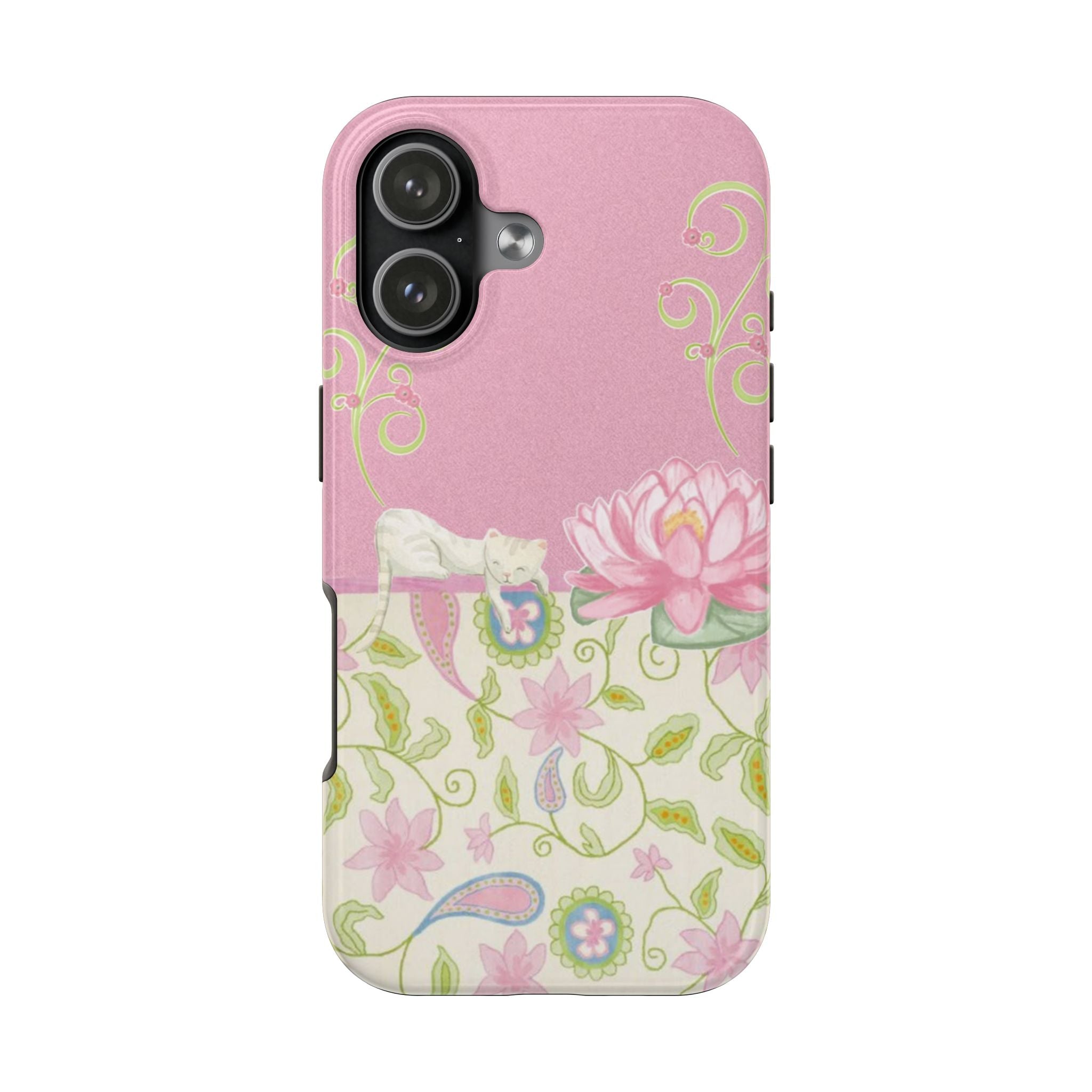 PINK & GREEN WHIMSY FLORAL CAT PHONE CASE