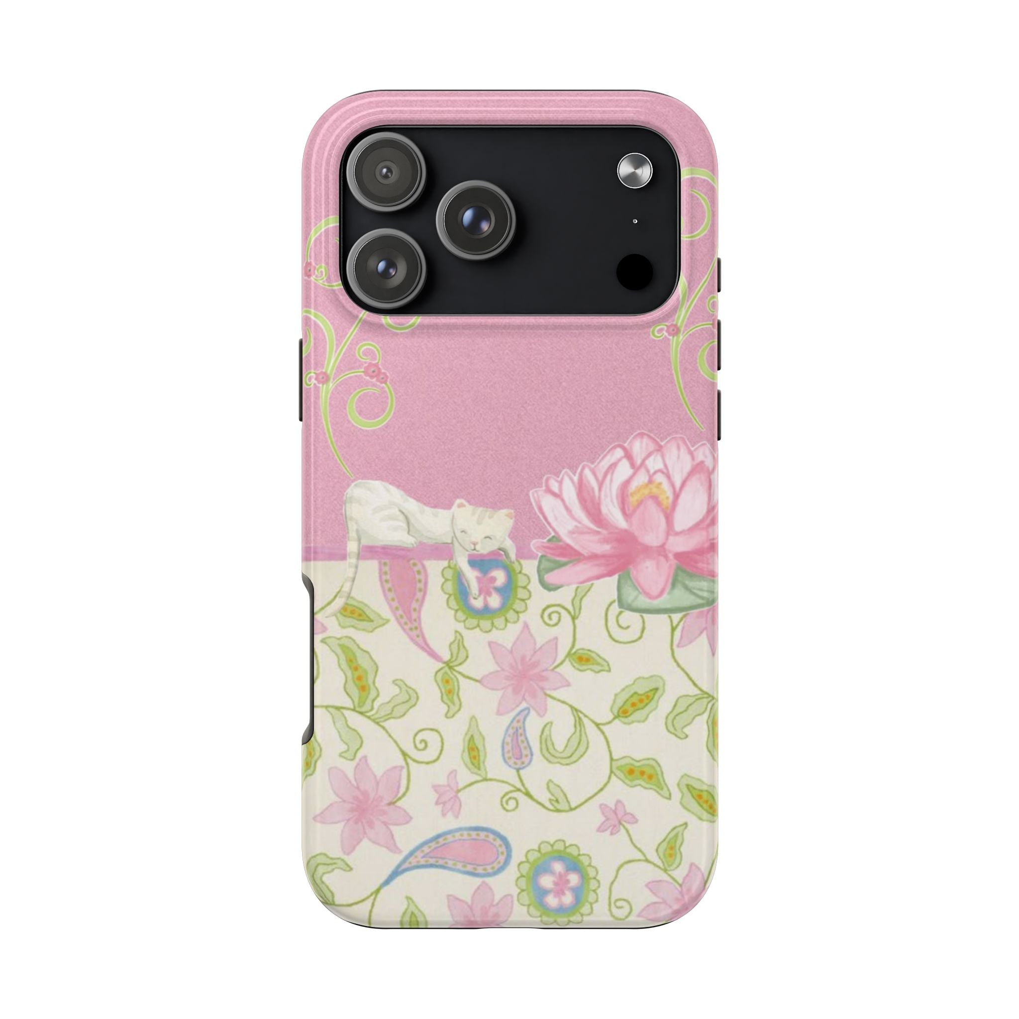 PINK & GREEN WHIMSY FLORAL CAT PHONE CASE