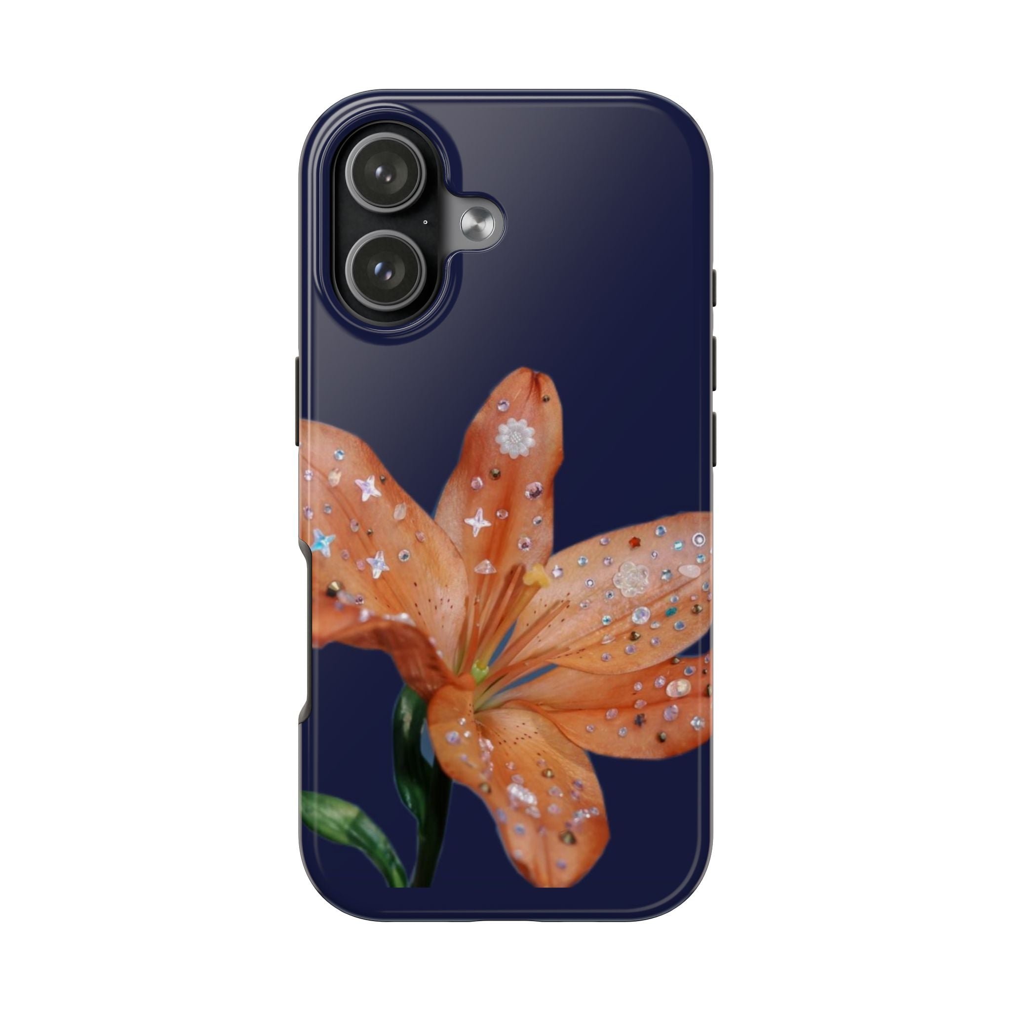 NAVY EMBELLISHED ORANGE LILY FLOWER PHONE CASE