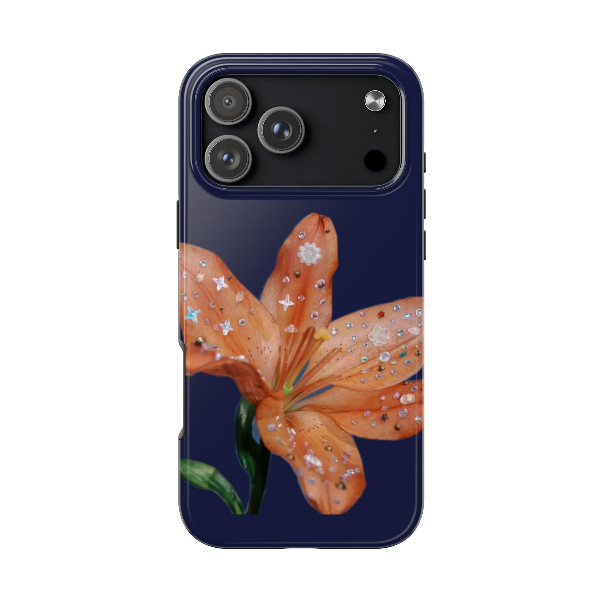 NAVY EMBELLISHED ORANGE LILY FLOWER PHONE CASE