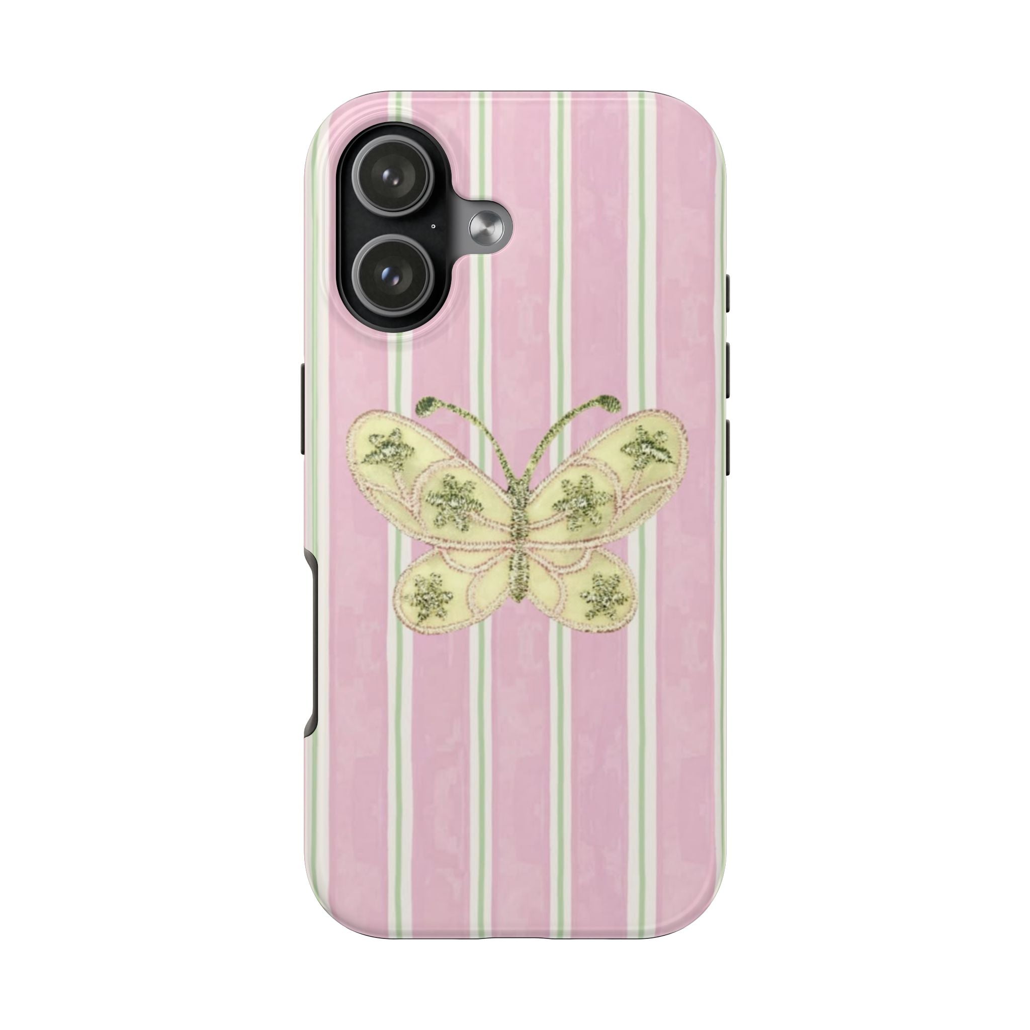 PINK STRIPES EMBELLISHED GREEN BUTTERFLY PHONE CASE