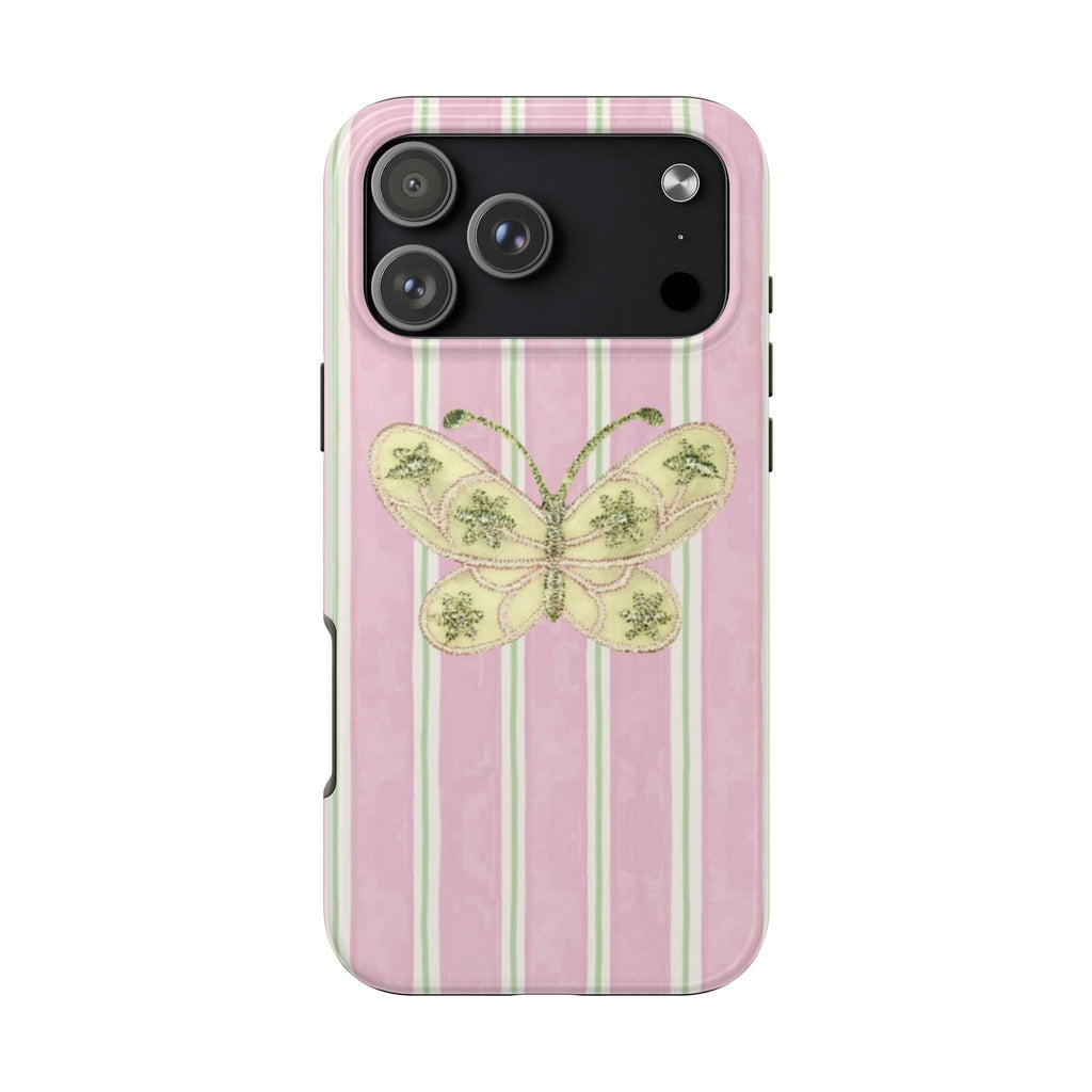 PINK STRIPES EMBELLISHED GREEN BUTTERFLY PHONE CASE