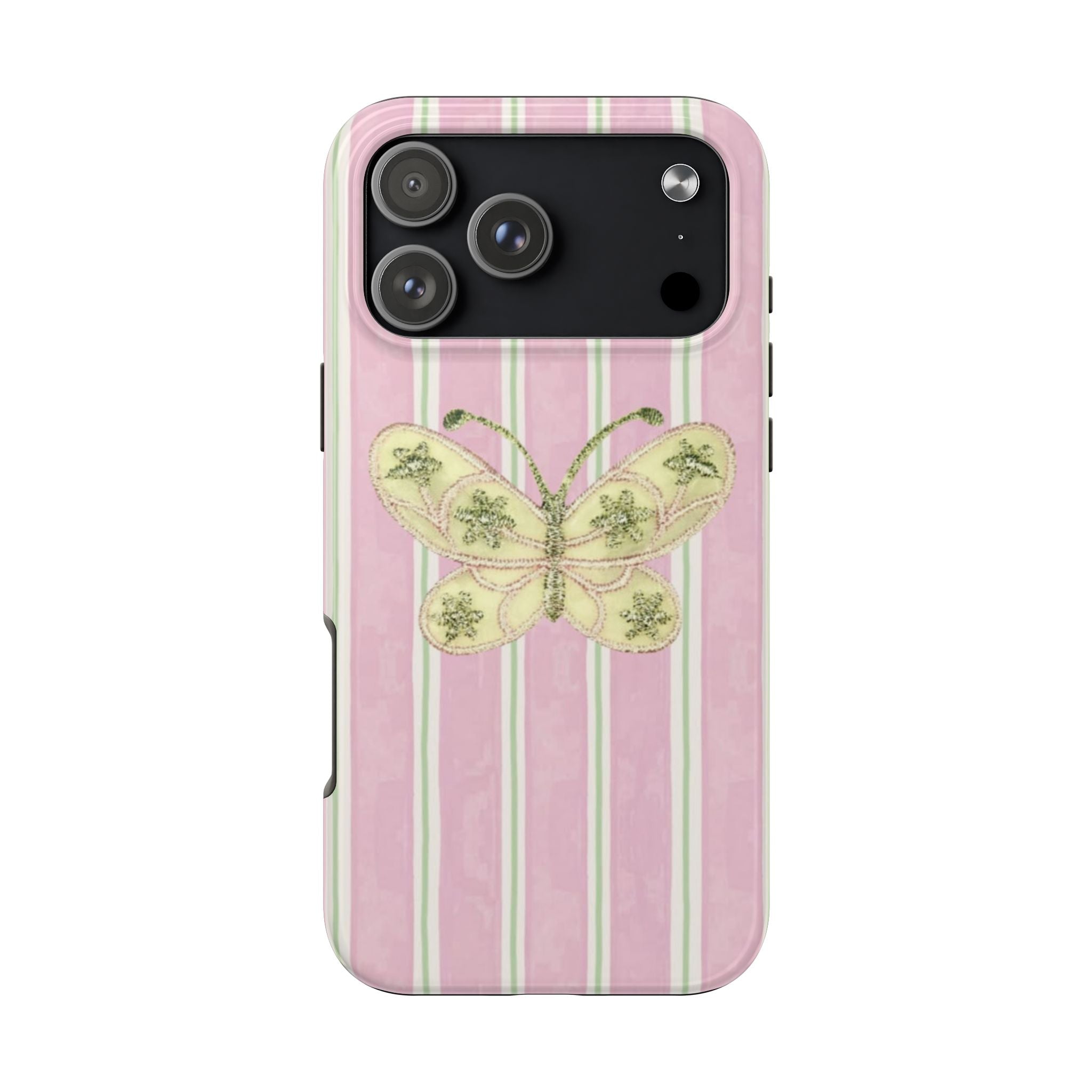 PINK STRIPES EMBELLISHED GREEN BUTTERFLY PHONE CASE