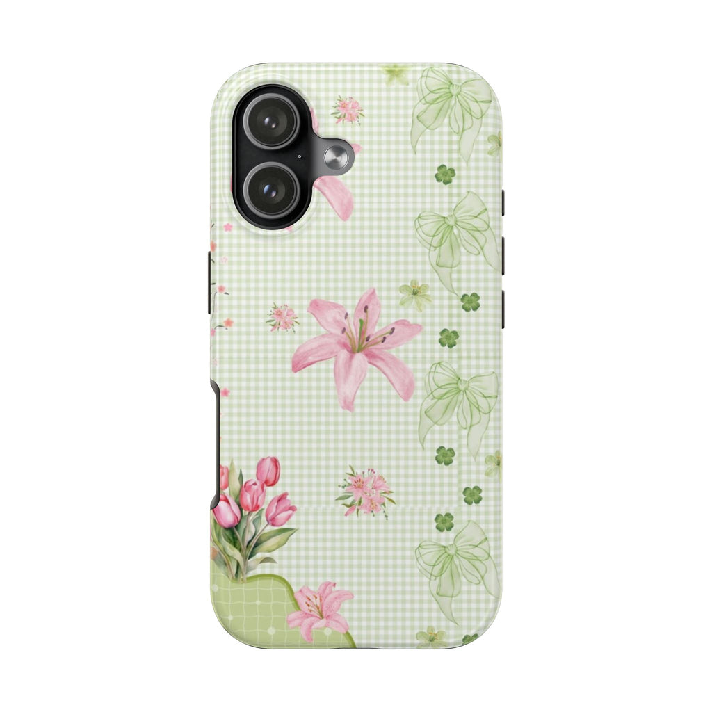 GREEN GINGHAM WHIMSY LILY BOWS PHONE CASE
