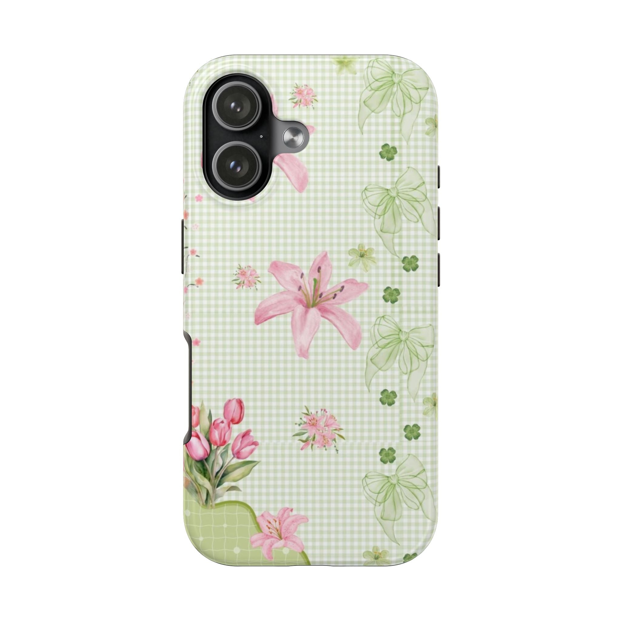 GREEN GINGHAM WHIMSY LILY BOWS PHONE CASE