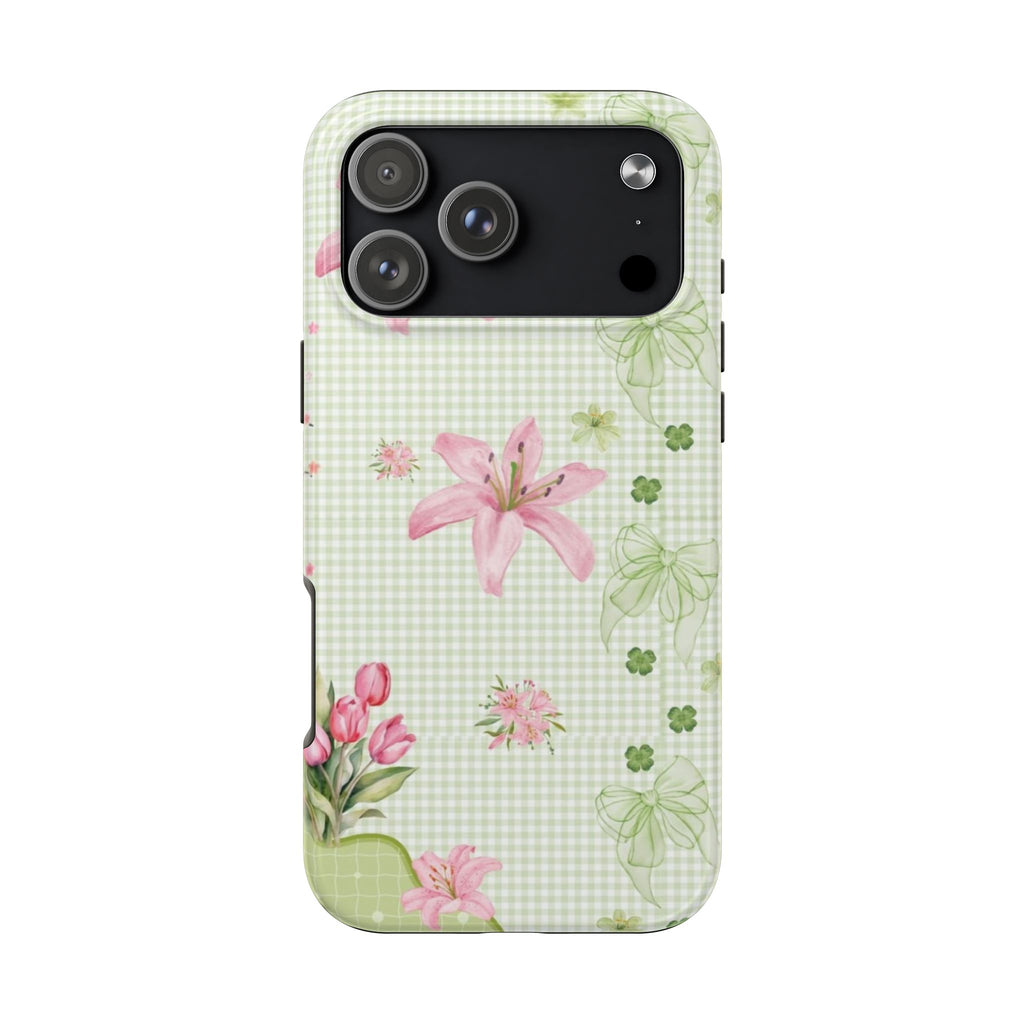 GREEN GINGHAM WHIMSY LILY BOWS PHONE CASE