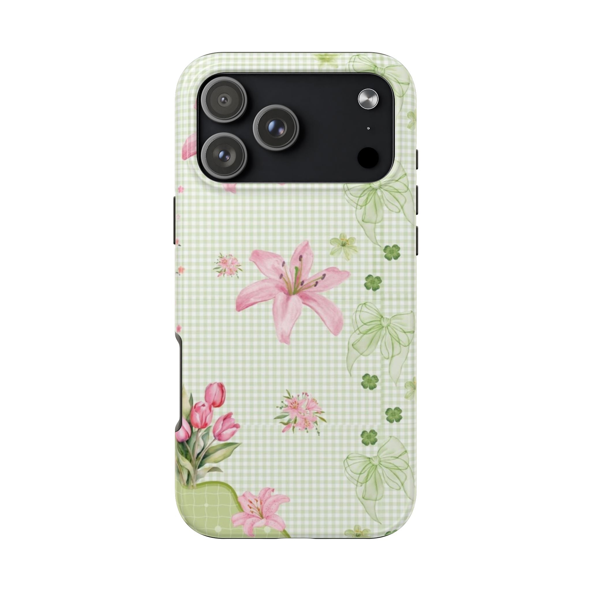 GREEN GINGHAM WHIMSY LILY BOWS PHONE CASE
