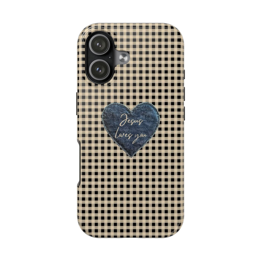 BROWN GINGHAM JESUS LOVES YOU PHONE CASE