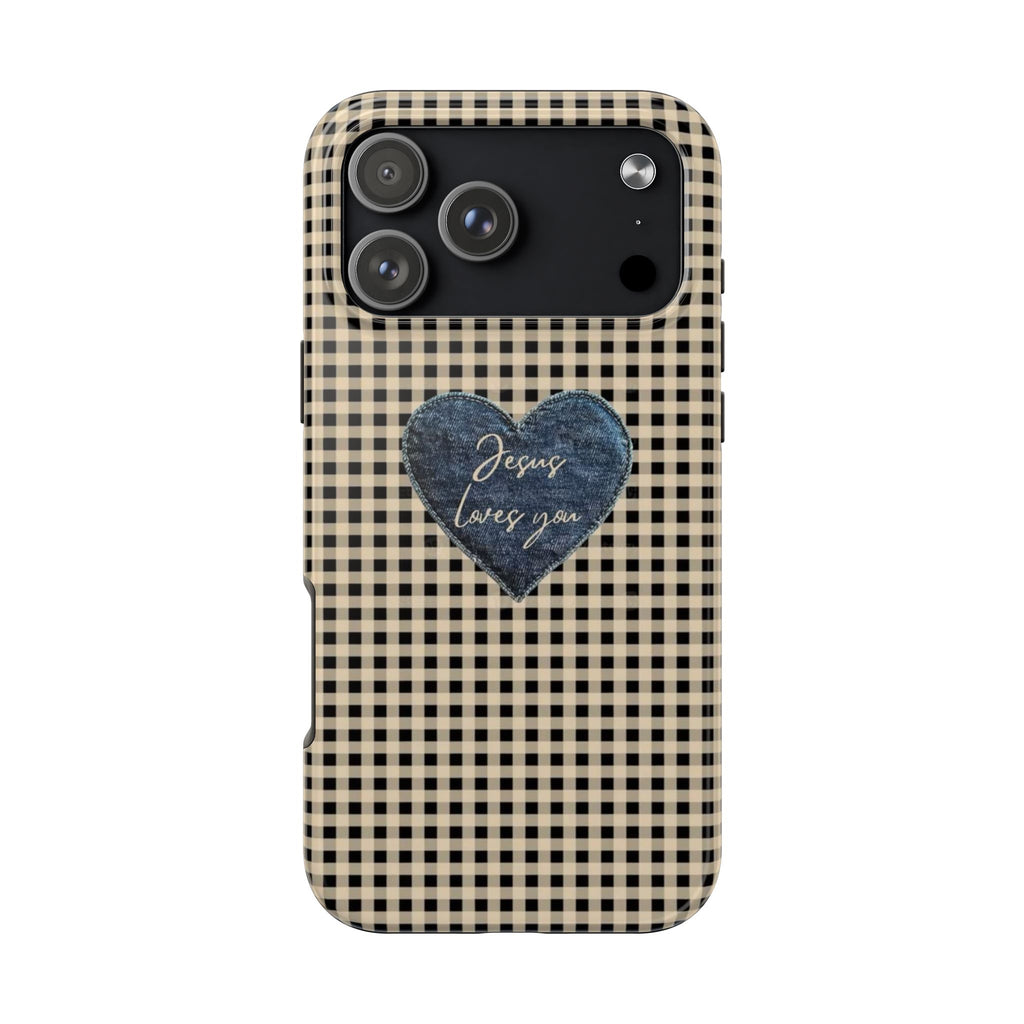 BROWN GINGHAM JESUS LOVES YOU PHONE CASE