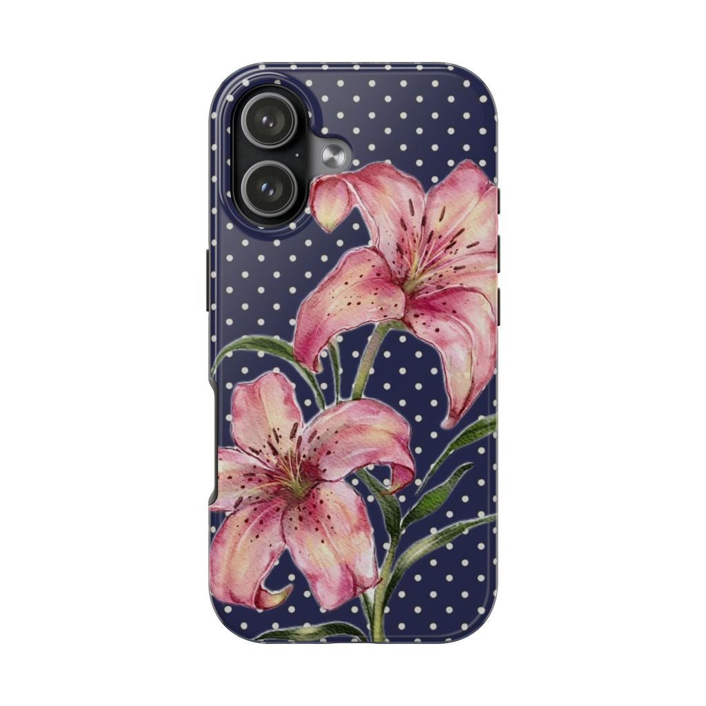 NAVY POLKA DOTS PINK LILY FLORAL PHONE CASE