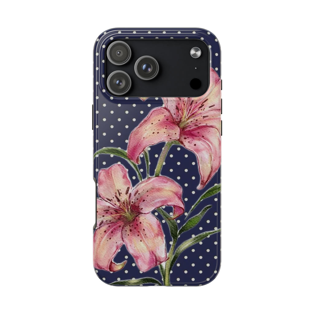 NAVY POLKA DOTS PINK LILY FLORAL PHONE CASE