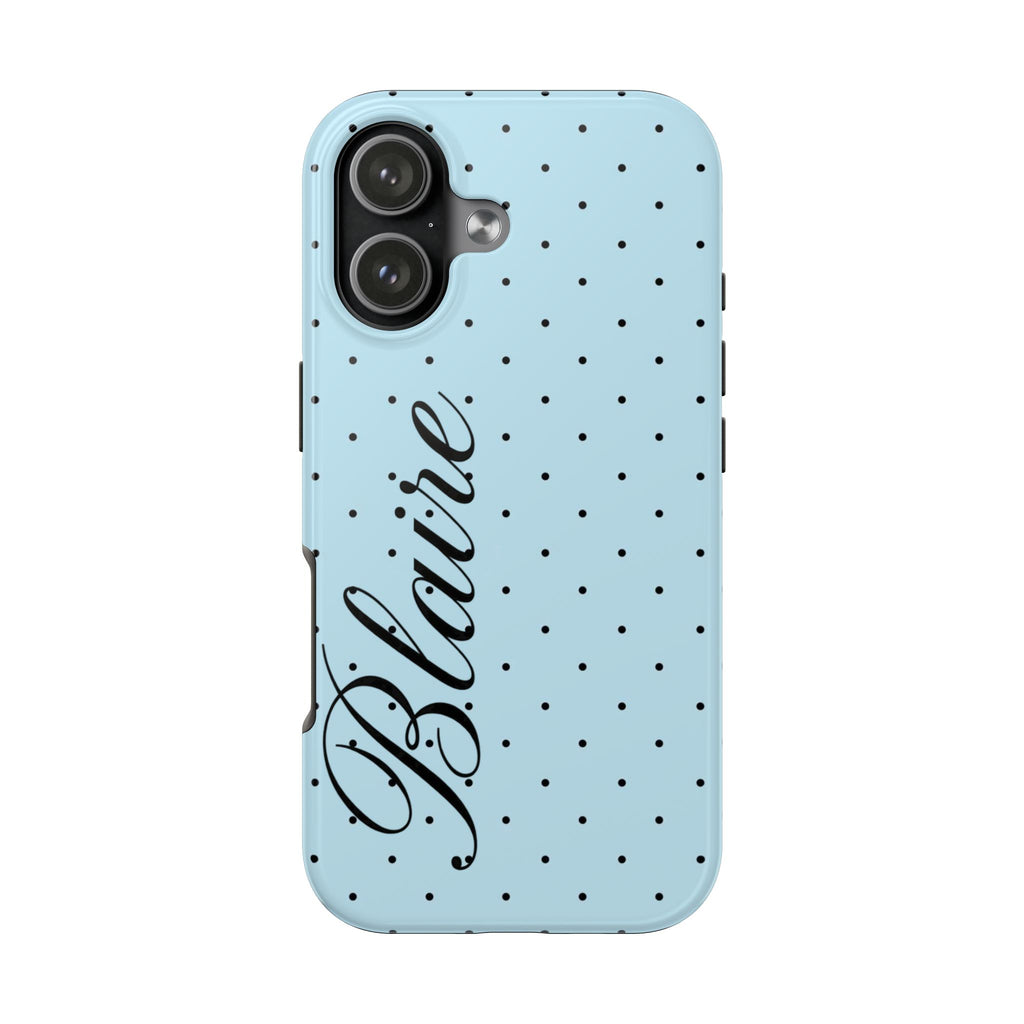 PERSONALIZED NAME CUSTOM BLUE & BLACK POLKA DOTS PHONE CASE