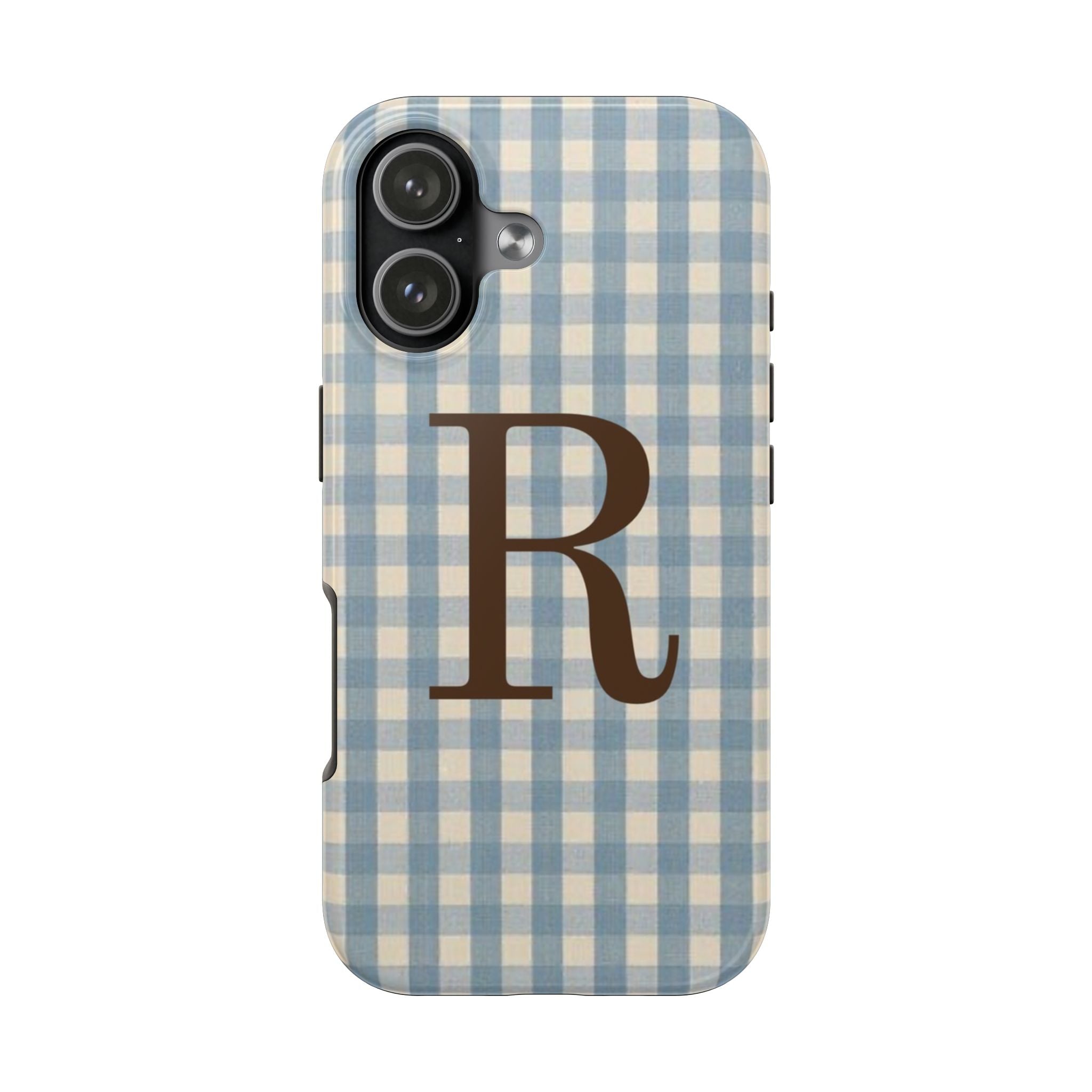 PERSONALIZED NAME CUSTOM VINTAGE BLUE GINGHAM BROWN INITIAL PHONE CASE